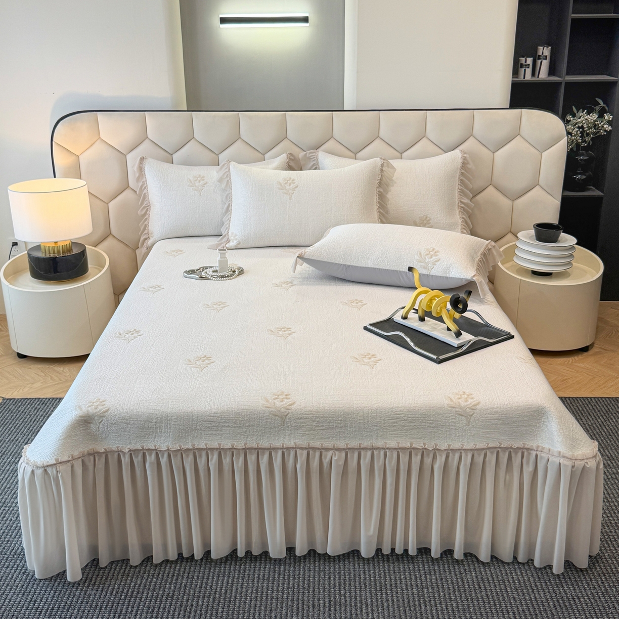 91家纺网 家纺一手货源 找家纺 （总）昊翔家纺 2026春夏新款A类凉感高分子床裙款凉席三件套-云絮茉香