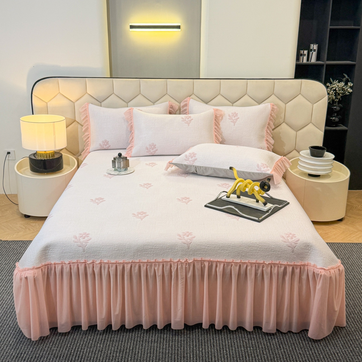 昊翔家纺 2026春夏新款A类凉感高分子床裙款凉席三件套-云絮茉香 云絮茉香-粉色