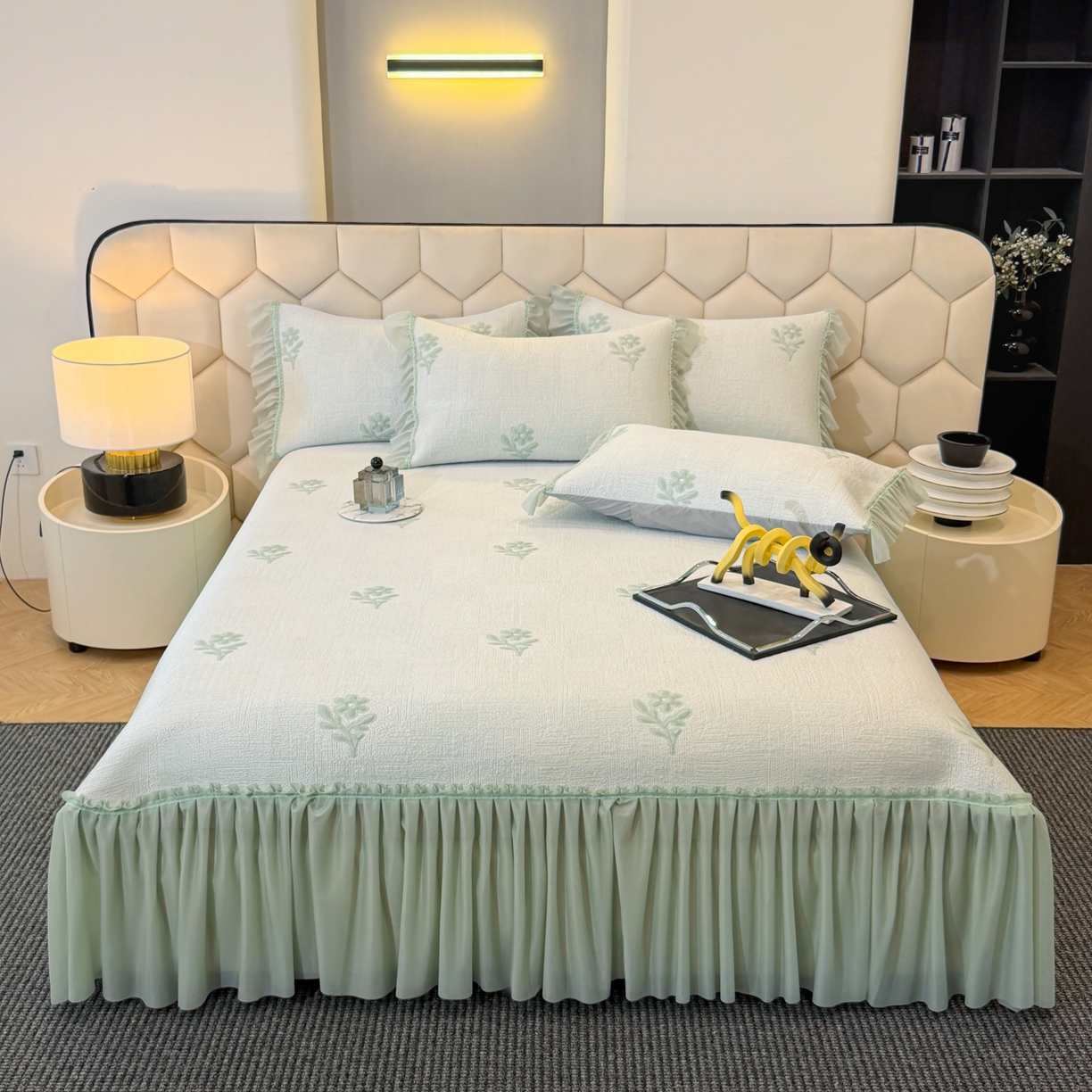 昊翔家纺 2026春夏新款A类凉感高分子床裙款凉席三件套-云絮茉香 云絮茉香-绿色