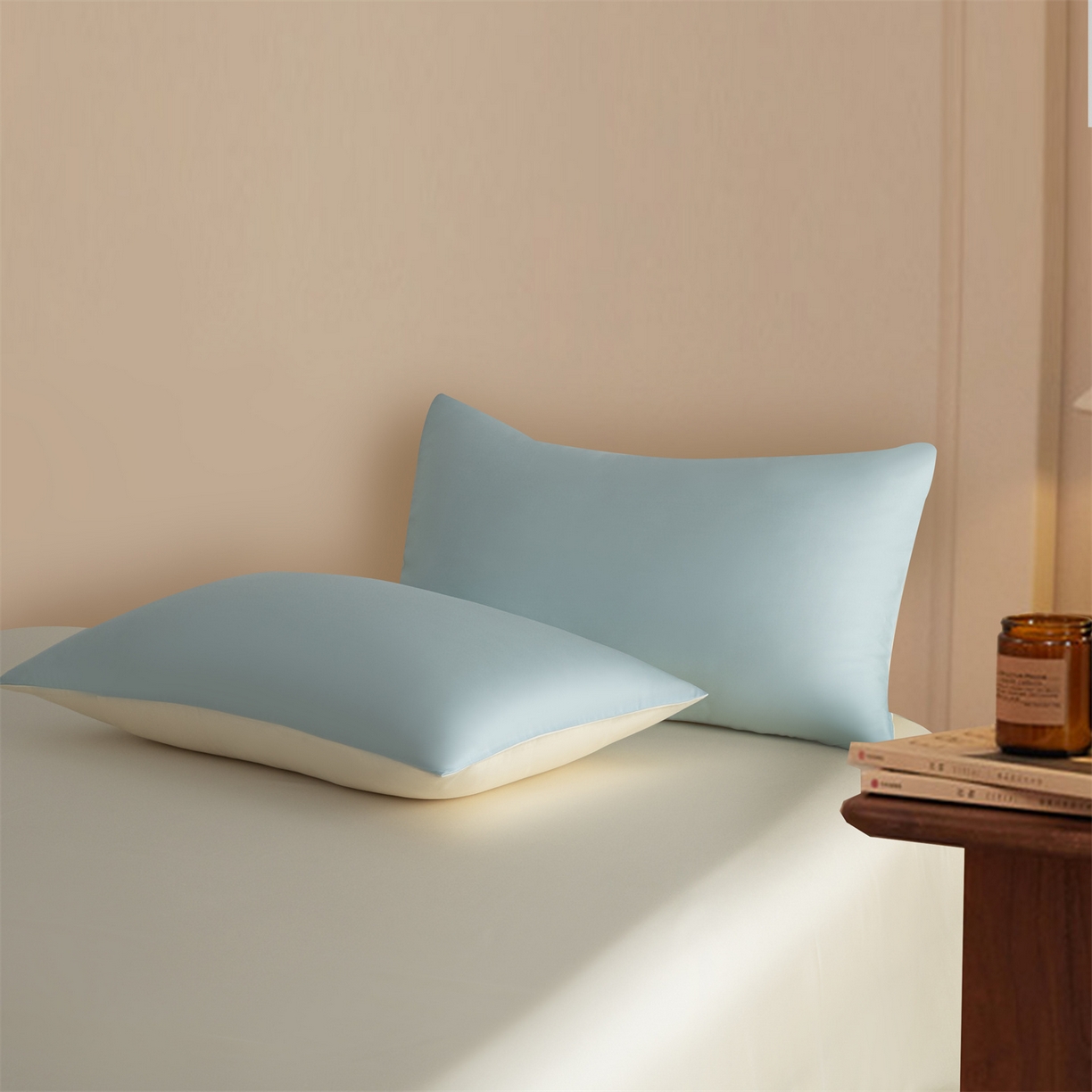 91家纺网 家纺一手货源 找家纺 美澳家纺 2026新款60S兰精天丝双拼四件套（带标） 情书蓝+元气白桃