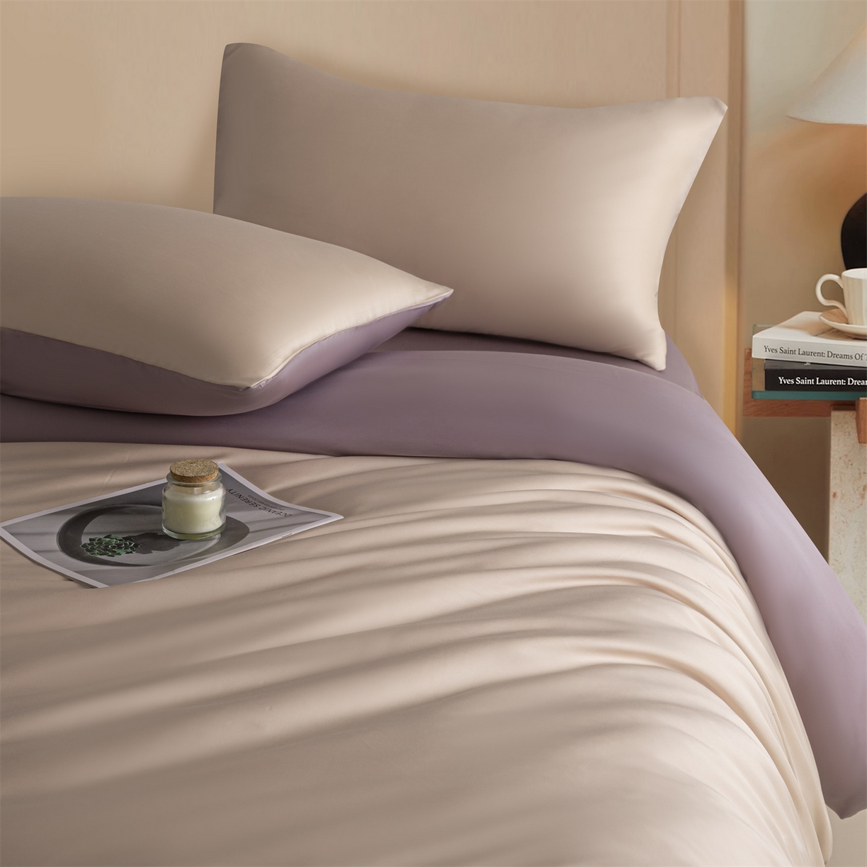 91家纺网 家纺一手货源 找家纺 美澳家纺 2026新款60S兰精天丝双拼四件套（带标） 奶茶粉+迷雾紫