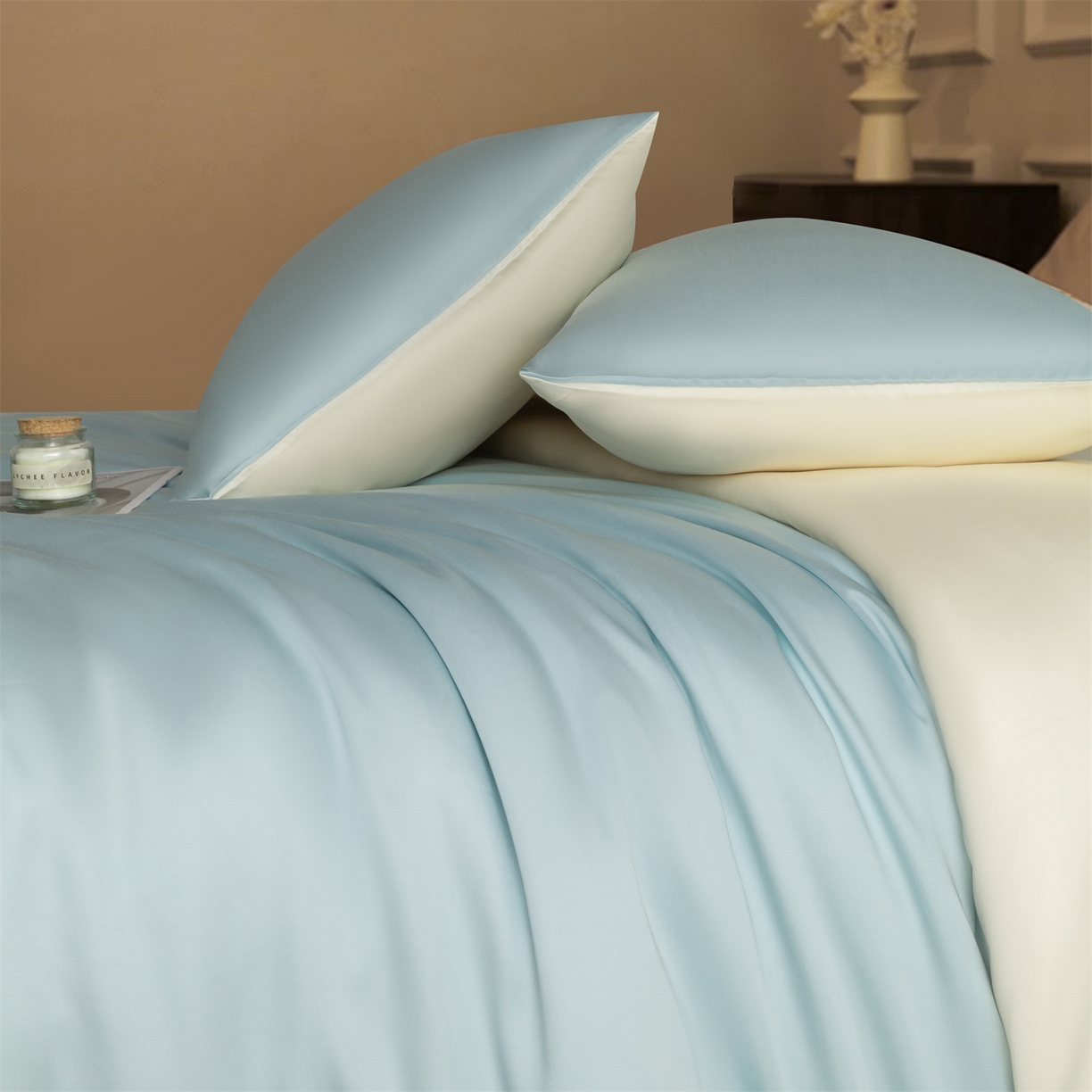 91家纺网 家纺一手货源 找家纺 美澳家纺 2026新款60S兰精天丝双拼四件套（带标） 情书蓝+元气白桃