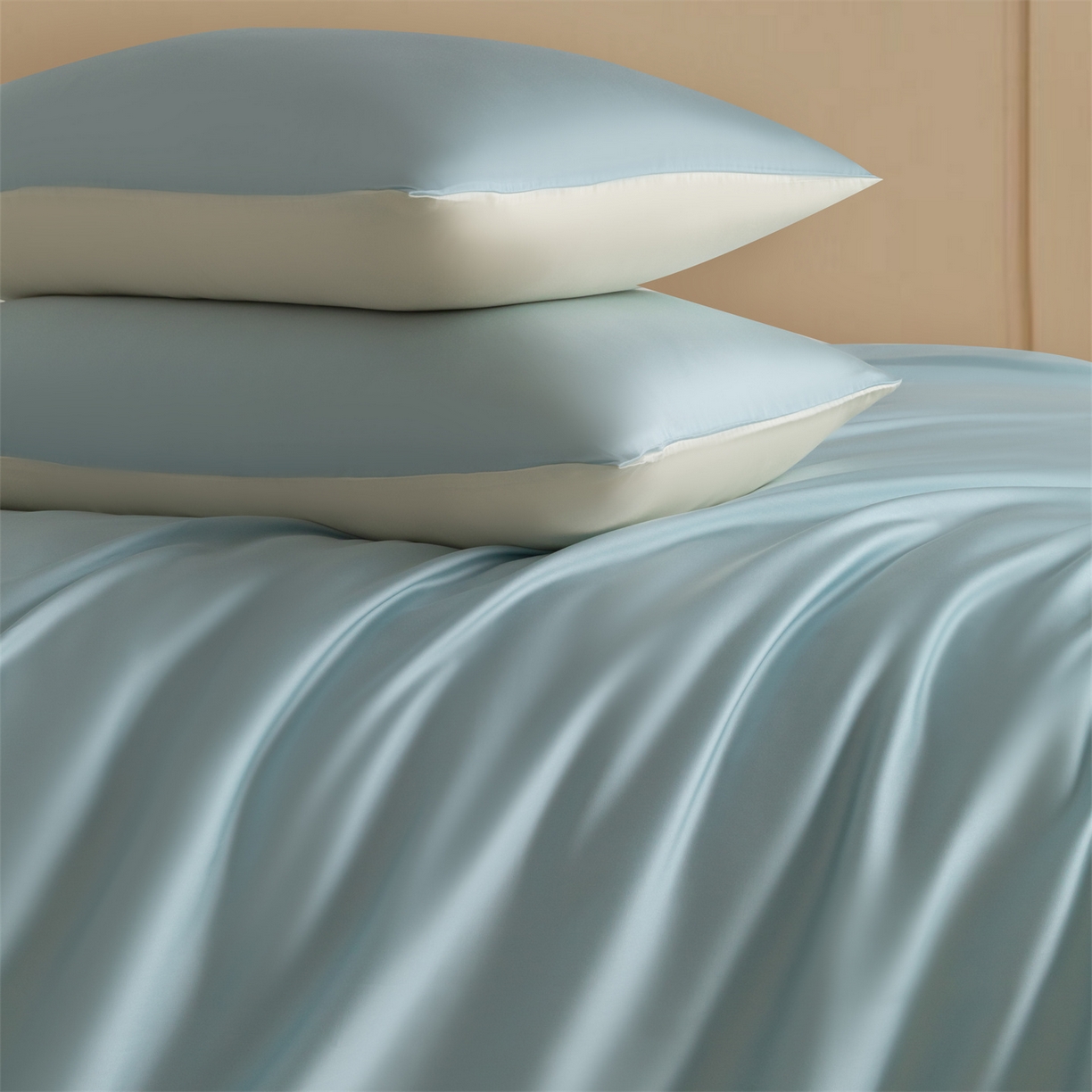 91家纺网 家纺一手货源 找家纺 美澳家纺 2026新款60S兰精天丝双拼四件套（带标） 情书蓝+元气白桃