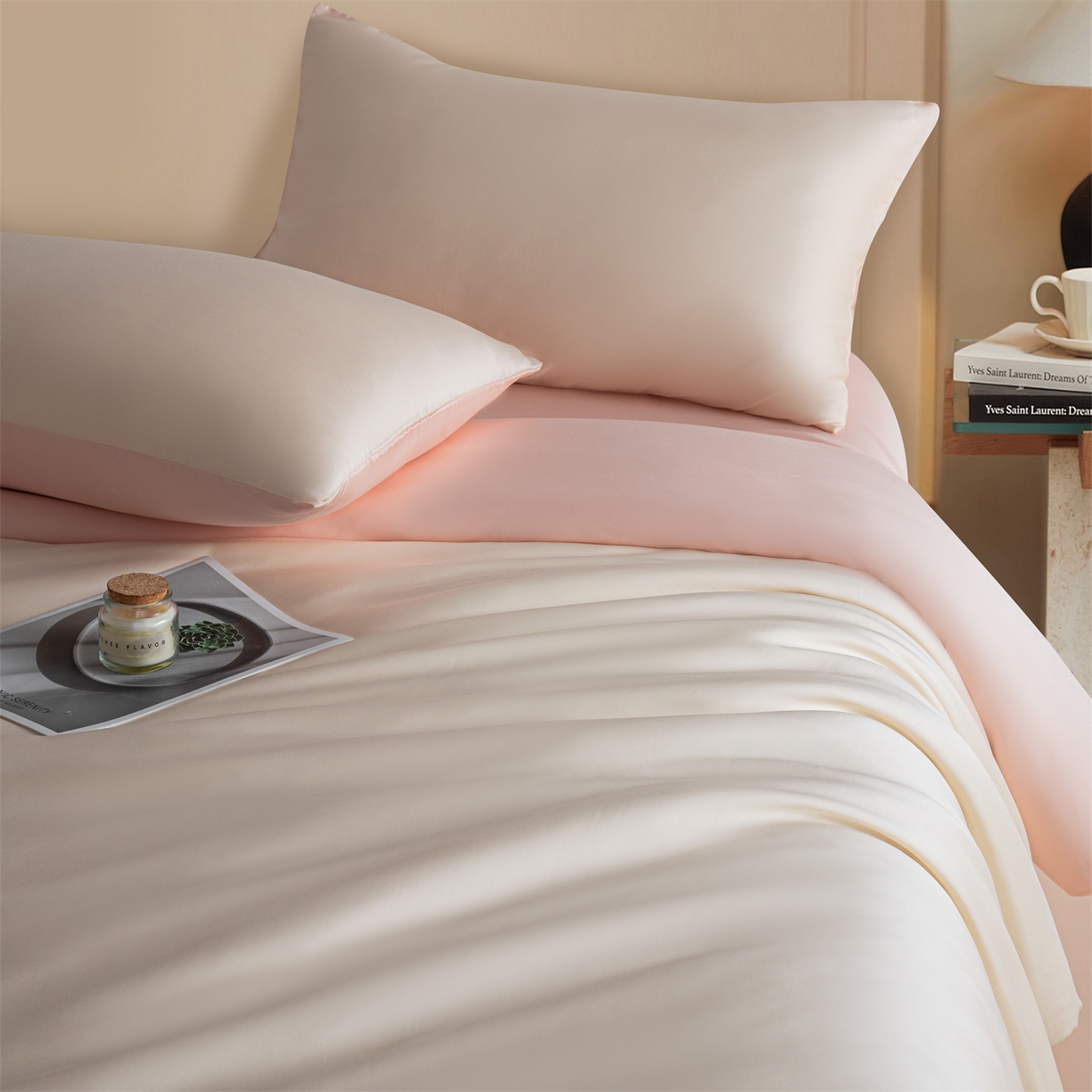 91家纺网 家纺一手货源 找家纺 美澳家纺 2026新款60S兰精天丝双拼四件套（带标） 元气白桃+半熟蜜桃