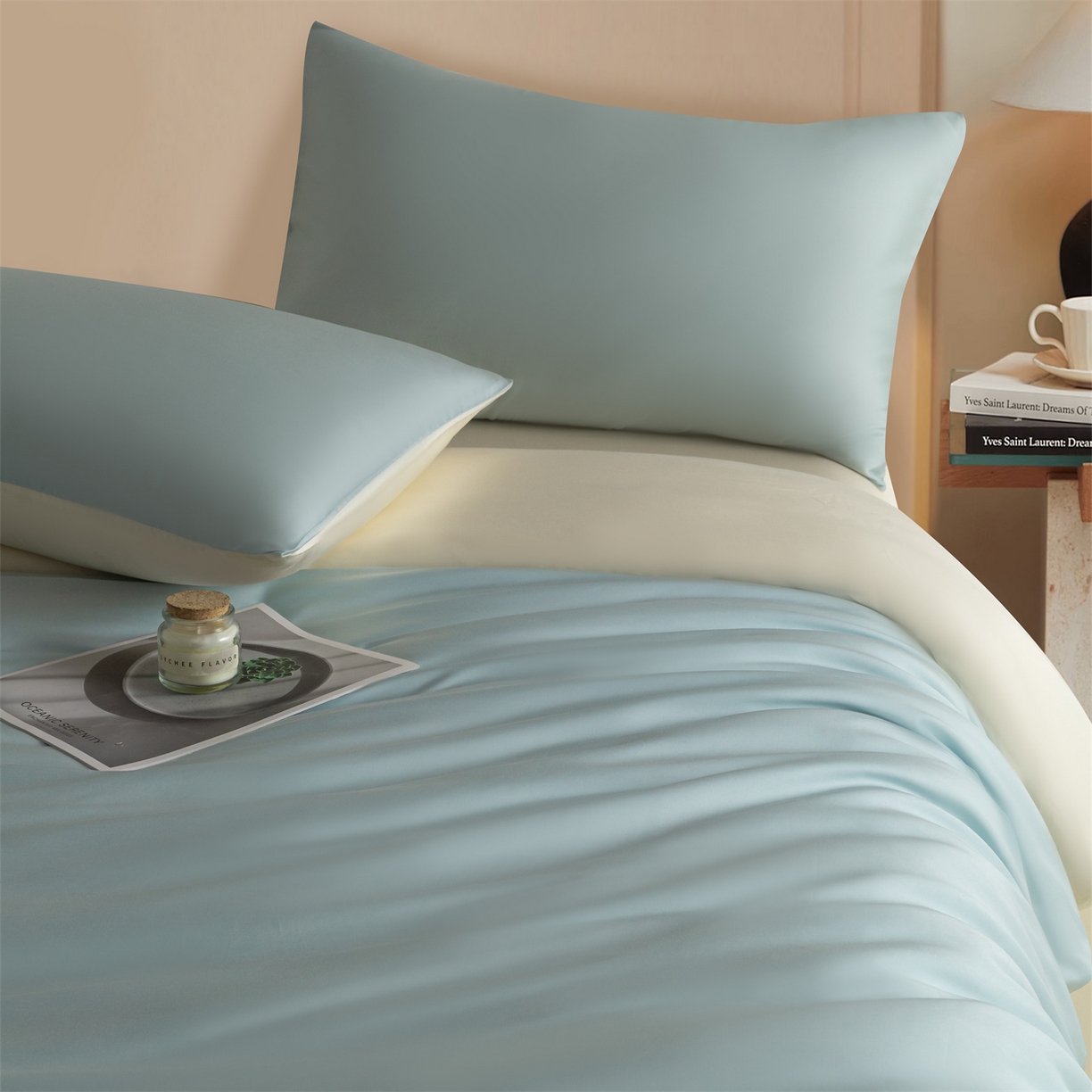 91家纺网 家纺一手货源 找家纺 美澳家纺 2026新款60S兰精天丝双拼四件套（带标） 情书蓝+元气白桃