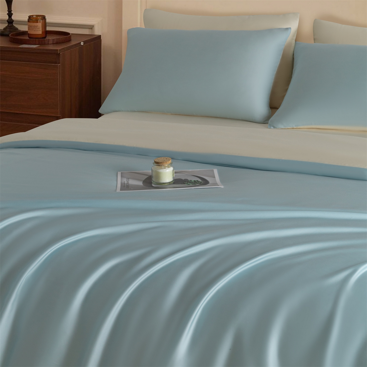 91家纺网 家纺一手货源 找家纺 美澳家纺 2026新款60S兰精天丝双拼四件套（带标） 情书蓝+元气白桃