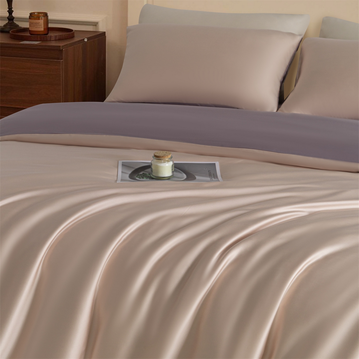 91家纺网 家纺一手货源 找家纺 美澳家纺 2026新款60S兰精天丝双拼四件套（带标） 奶茶粉+迷雾紫