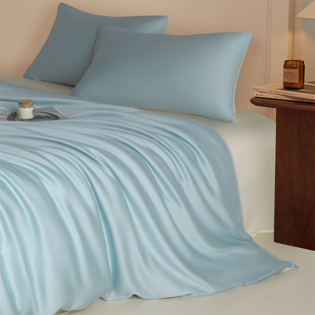 91家纺网 家纺一手货源 找家纺 美澳家纺 2026新款60S兰精天丝双拼四件套（带标） 情书蓝+元气白桃