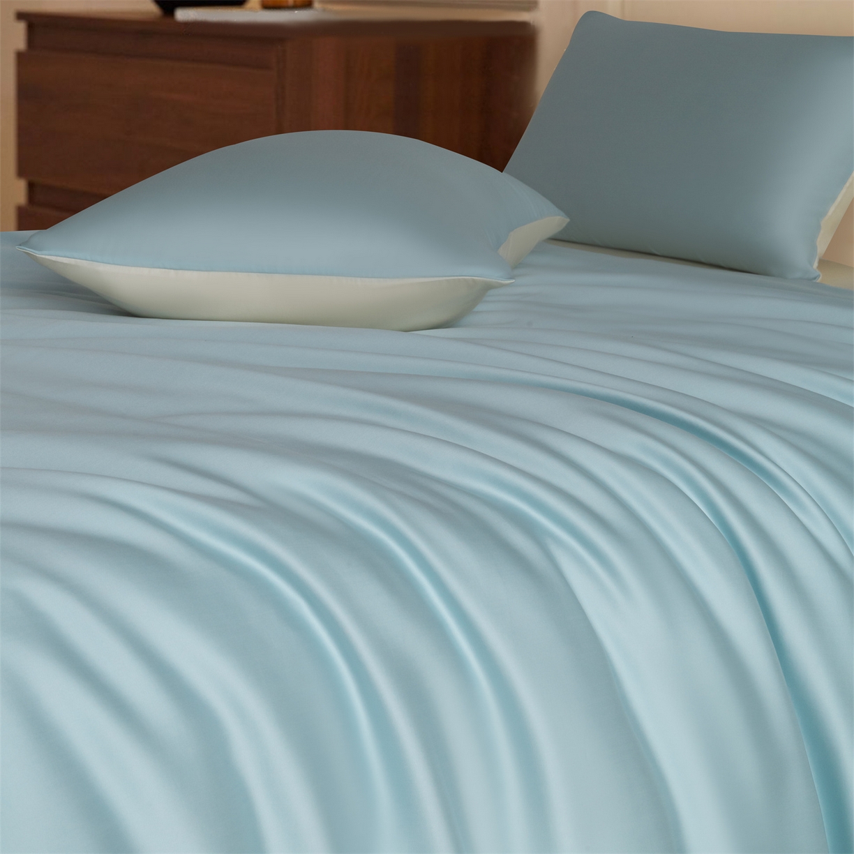 91家纺网 家纺一手货源 找家纺 美澳家纺 2026新款60S兰精天丝双拼四件套（带标） 情书蓝+元气白桃