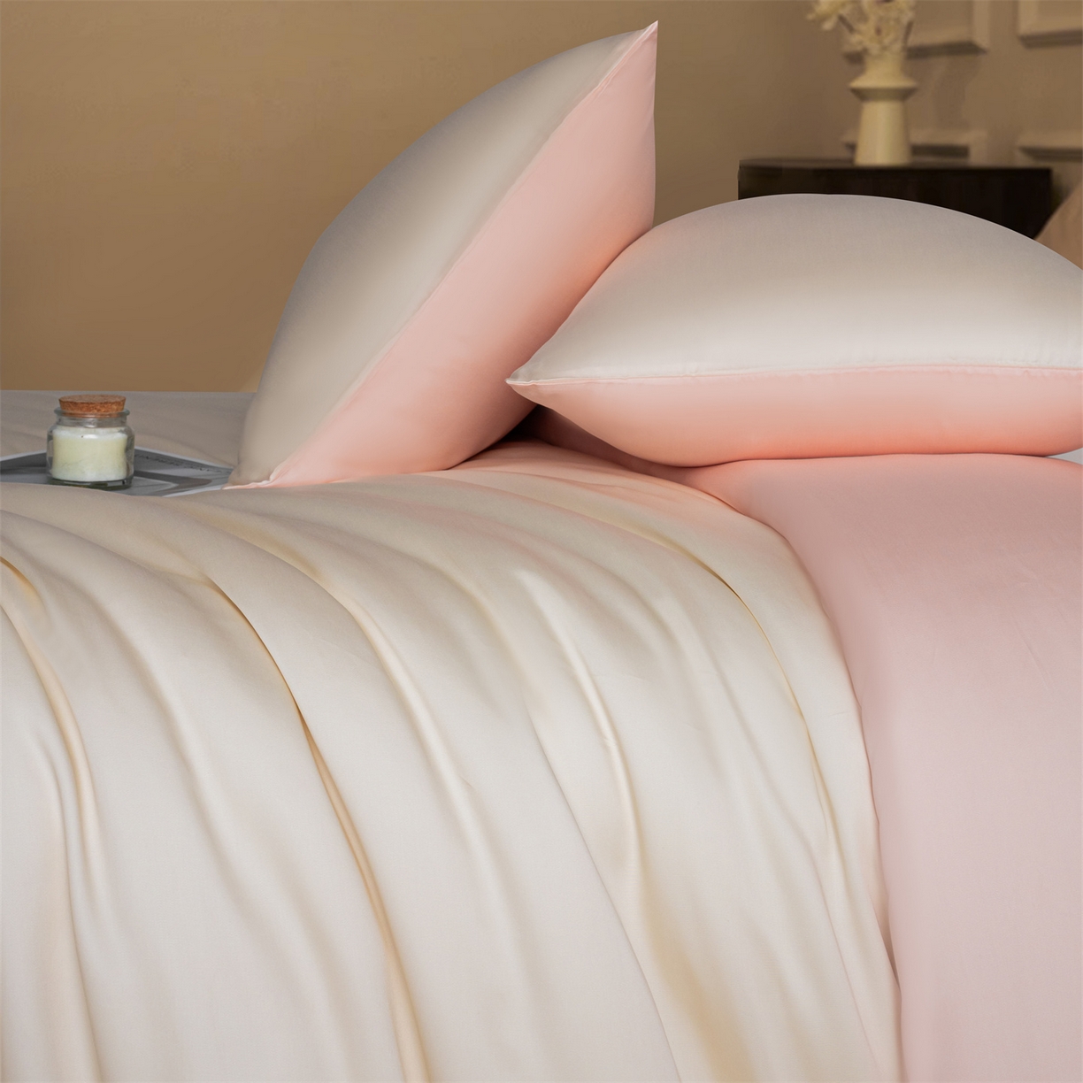 91家纺网 家纺一手货源 找家纺 美澳家纺 2026新款60S兰精天丝双拼四件套（带标） 元气白桃+半熟蜜桃