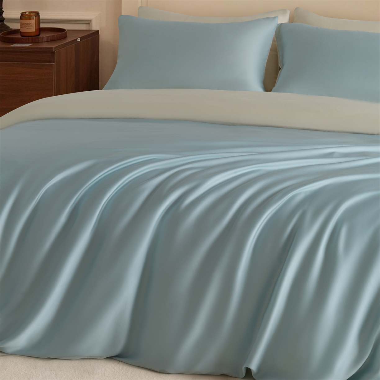 91家纺网 家纺一手货源 找家纺 美澳家纺 2026新款60S兰精天丝双拼四件套（带标） 情书蓝+元气白桃