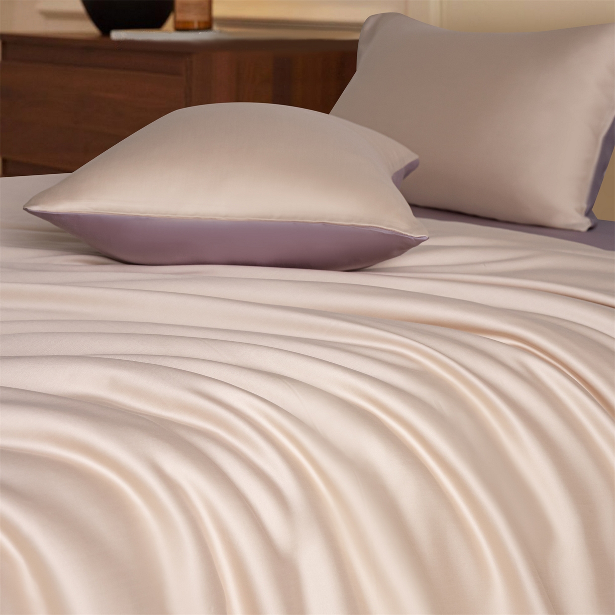 91家纺网 家纺一手货源 找家纺 美澳家纺 2026新款60S兰精天丝双拼四件套（带标） 奶茶粉+迷雾紫