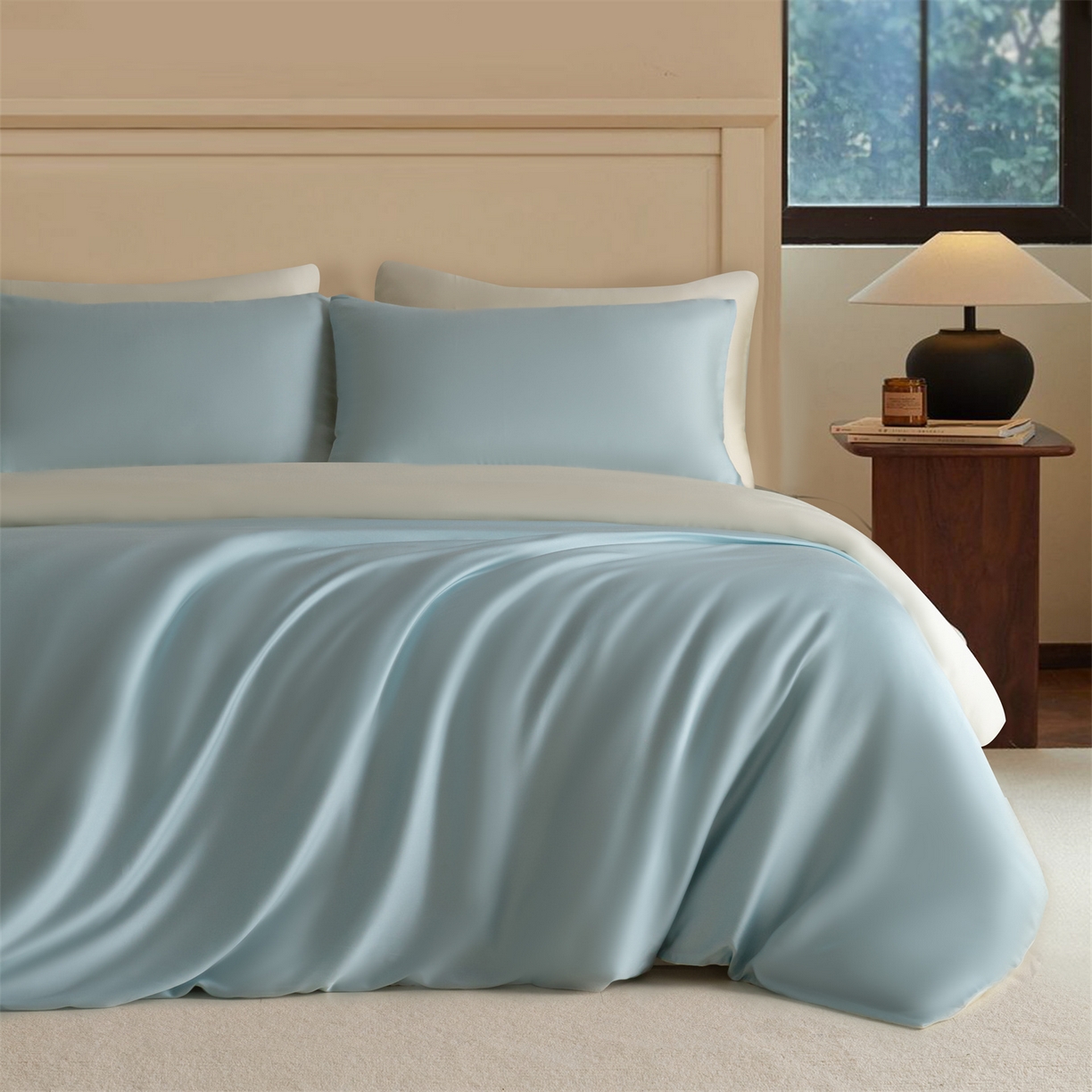 91家纺网 家纺一手货源 找家纺 美澳家纺 2026新款60S兰精天丝双拼四件套（带标） 情书蓝+元气白桃