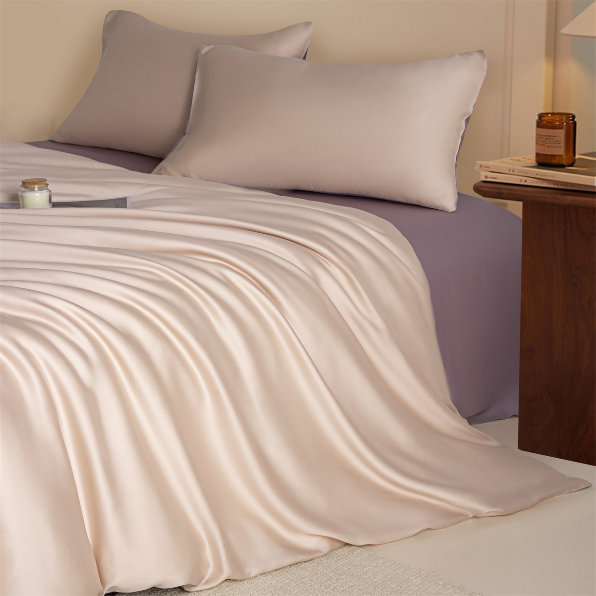 91家纺网 家纺一手货源 找家纺 美澳家纺 2026新款60S兰精天丝双拼四件套（带标） 奶茶粉+迷雾紫