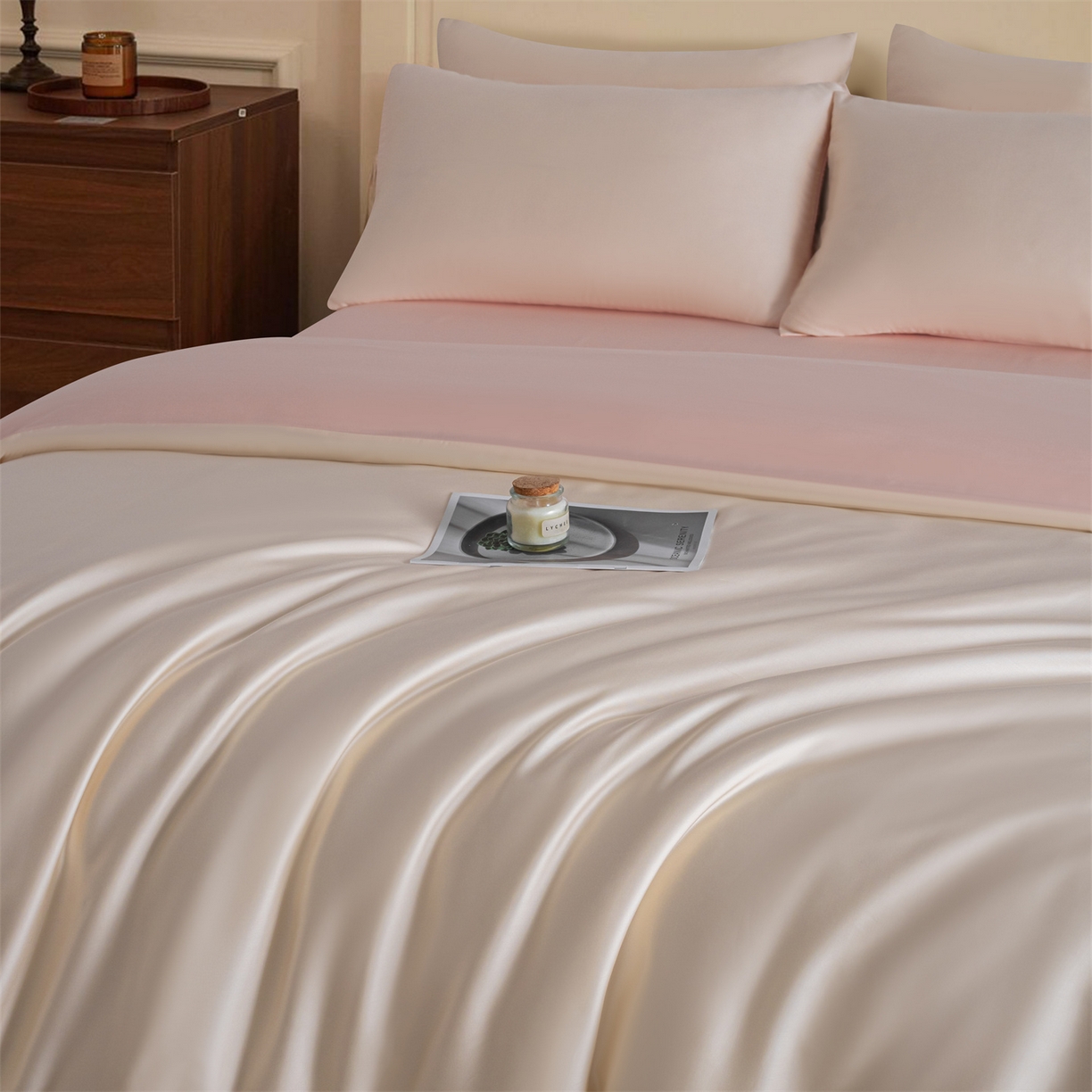 91家纺网 家纺一手货源 找家纺 美澳家纺 2026新款60S兰精天丝双拼四件套（带标） 元气白桃+半熟蜜桃