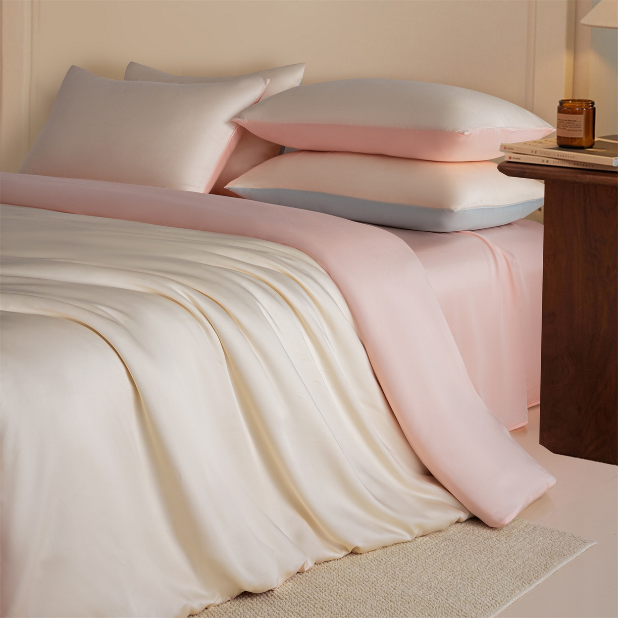 91家纺网 家纺一手货源 找家纺 美澳家纺 2026新款60S兰精天丝双拼四件套（带标） 元气白桃+半熟蜜桃