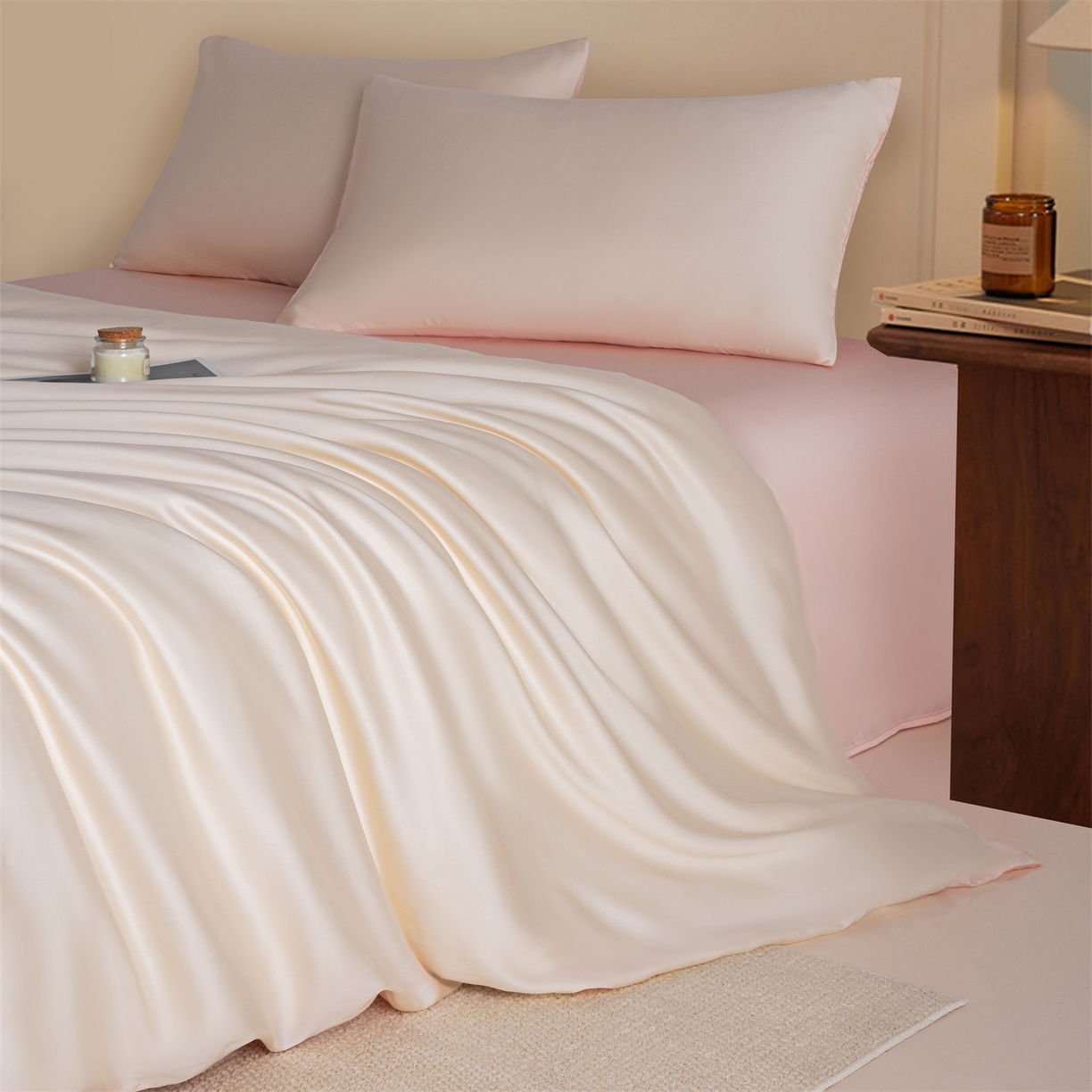 91家纺网 家纺一手货源 找家纺 美澳家纺 2026新款60S兰精天丝双拼四件套（带标） 元气白桃+半熟蜜桃