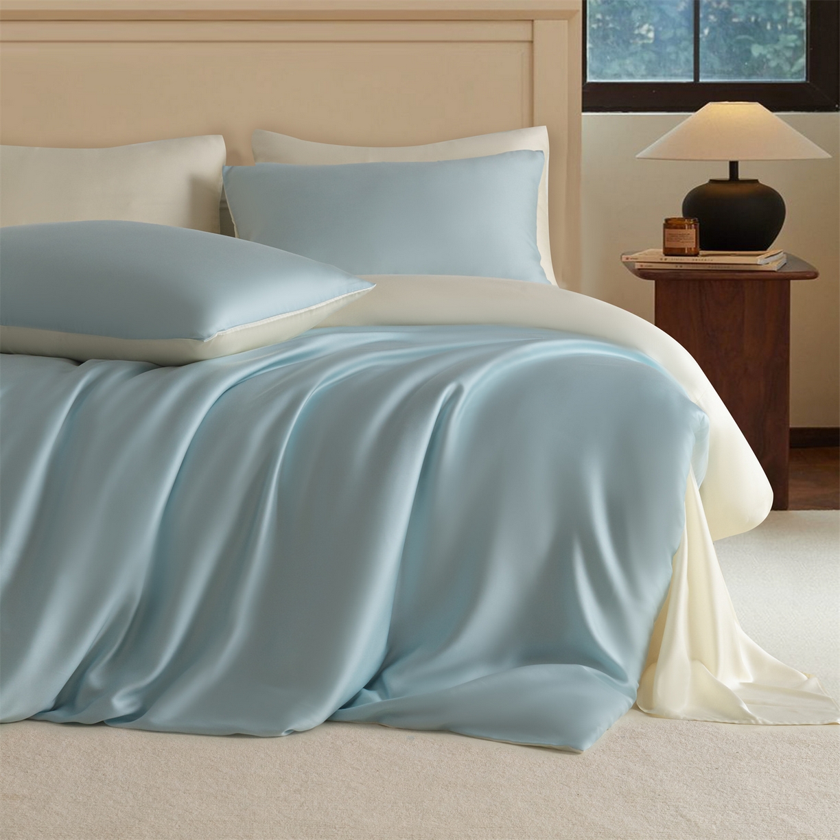 91家纺网 家纺一手货源 找家纺 美澳家纺 2026新款60S兰精天丝双拼四件套（带标） 情书蓝+元气白桃