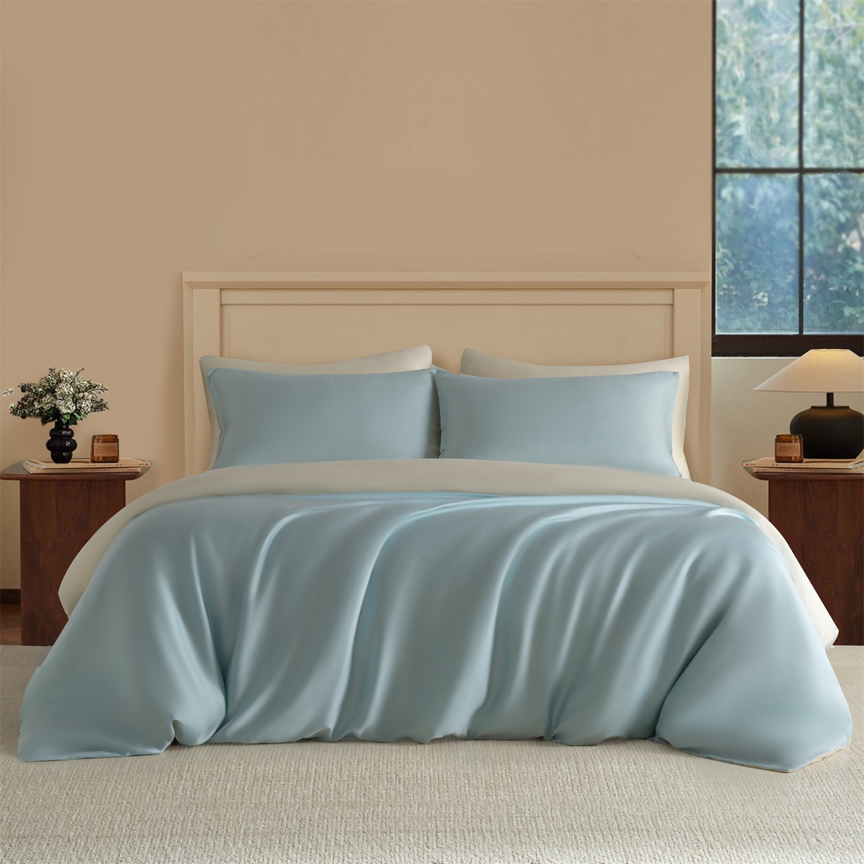 91家纺网 家纺一手货源 找家纺 美澳家纺 2026新款60S兰精天丝双拼四件套（带标） 情书蓝+元气白桃