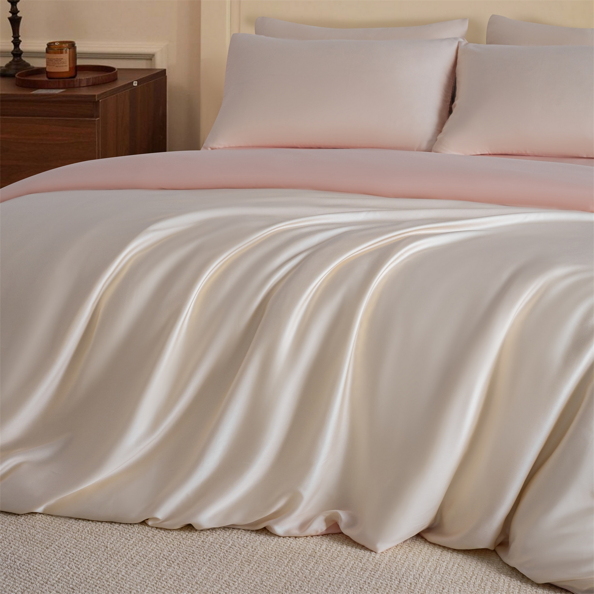 91家纺网 家纺一手货源 找家纺 美澳家纺 2026新款60S兰精天丝双拼四件套（带标） 元气白桃+半熟蜜桃