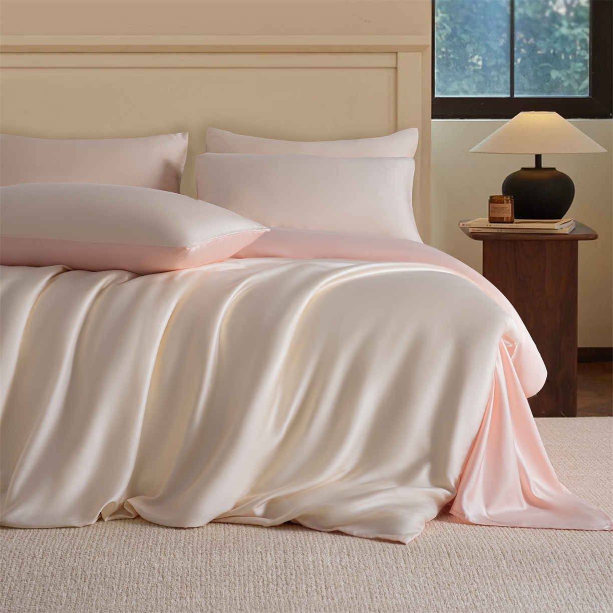 91家纺网 家纺一手货源 找家纺 美澳家纺 2026新款60S兰精天丝双拼四件套（带标） 元气白桃+半熟蜜桃