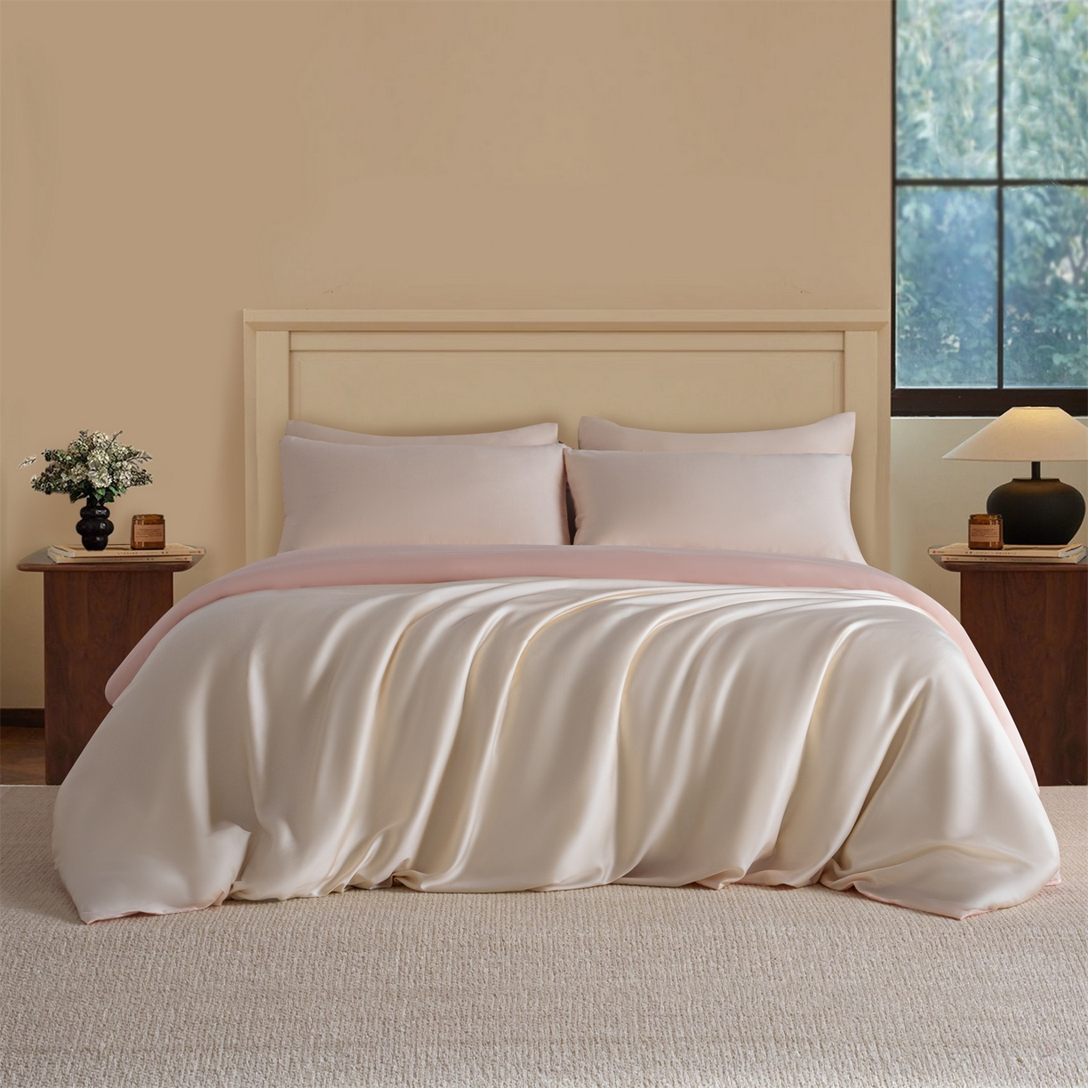 91家纺网 家纺一手货源 找家纺 美澳家纺 2026新款60S兰精天丝双拼四件套（带标） 元气白桃+半熟蜜桃