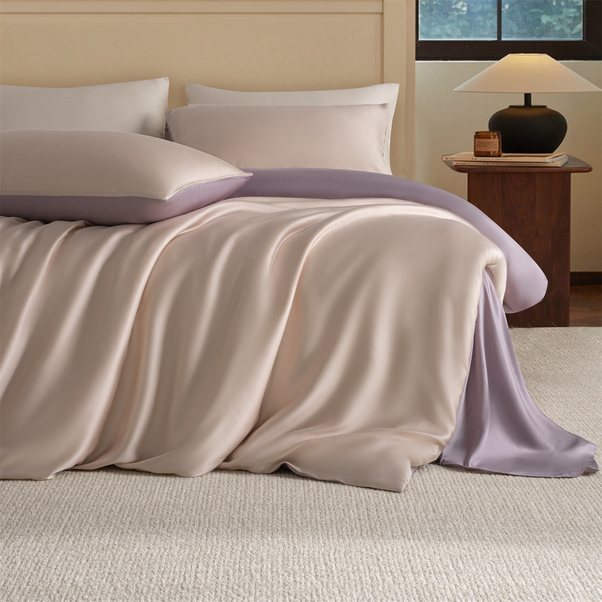 91家纺网 家纺一手货源 找家纺 美澳家纺 2026新款60S兰精天丝双拼四件套（带标） 奶茶粉+迷雾紫