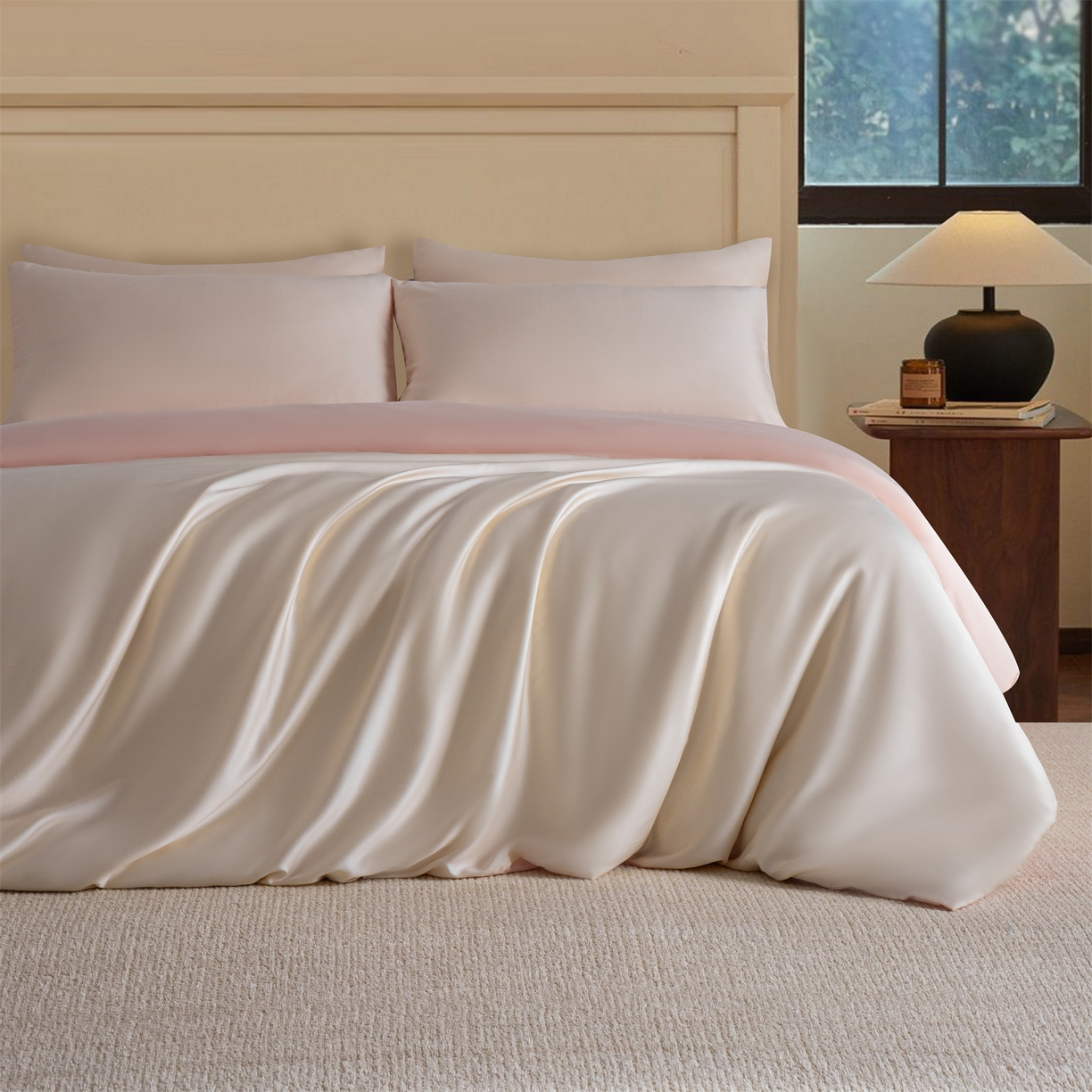 91家纺网 家纺一手货源 找家纺 美澳家纺 2026新款60S兰精天丝双拼四件套（带标） 元气白桃+半熟蜜桃