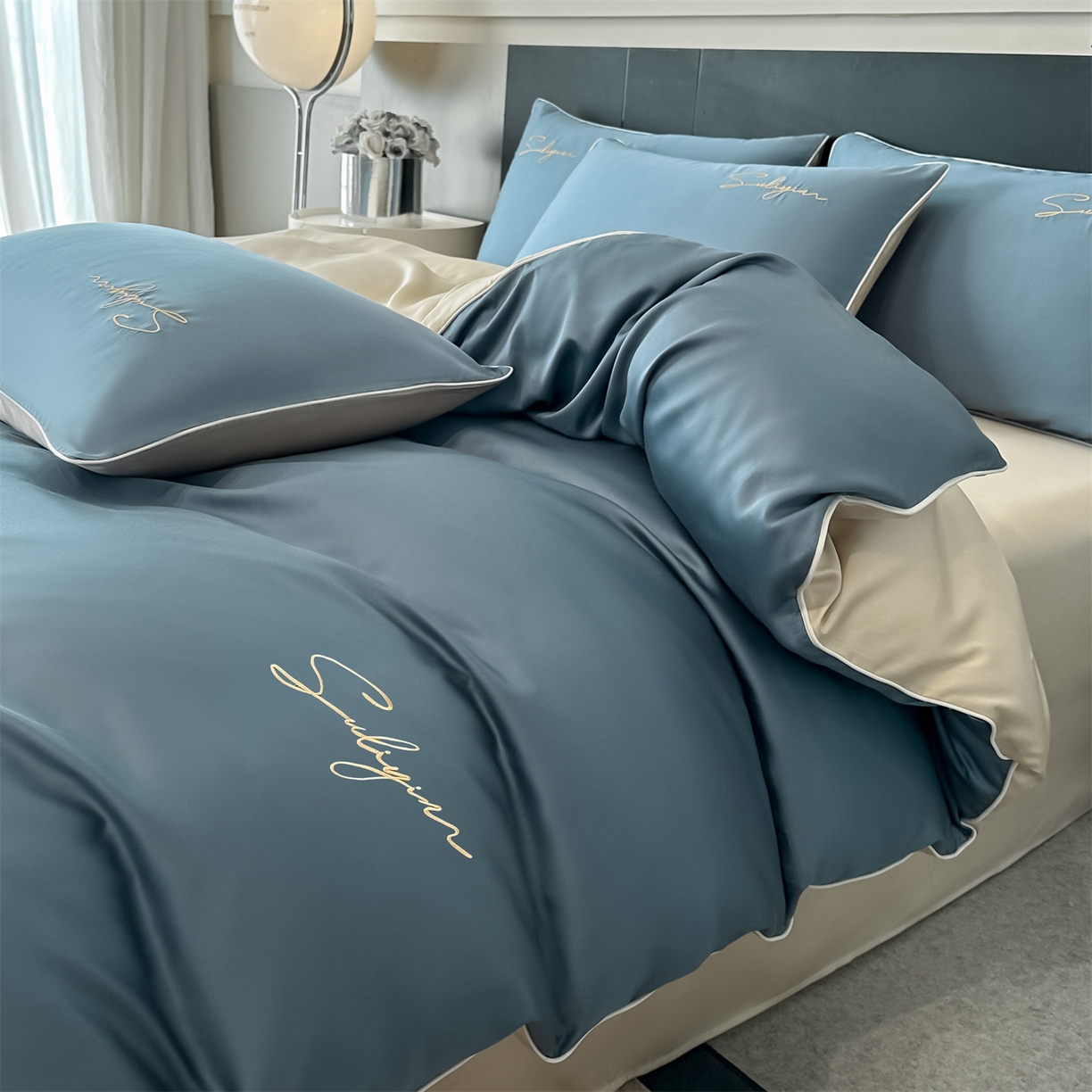 91家纺网 家纺一手货源 找家纺 （总）美澳家纺 2026新款凉感水洗冰丝真丝刺绣双拼单被套四件套