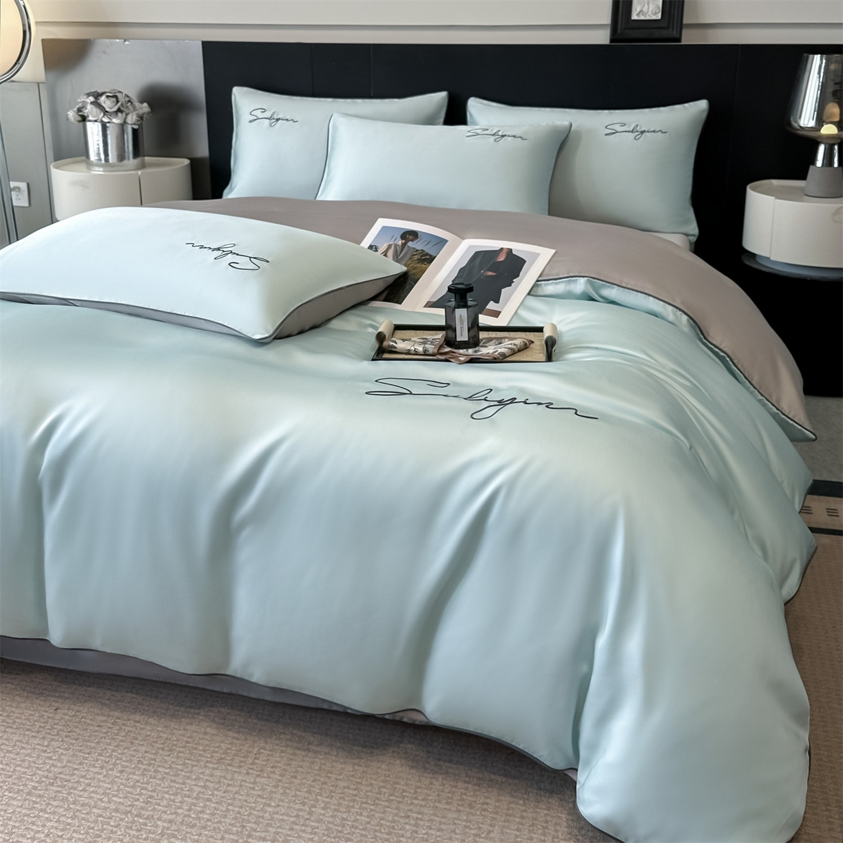 91家纺网 家纺一手货源 找家纺 （总）美澳家纺 2026新款凉感水洗冰丝真丝刺绣双拼单被套四件套