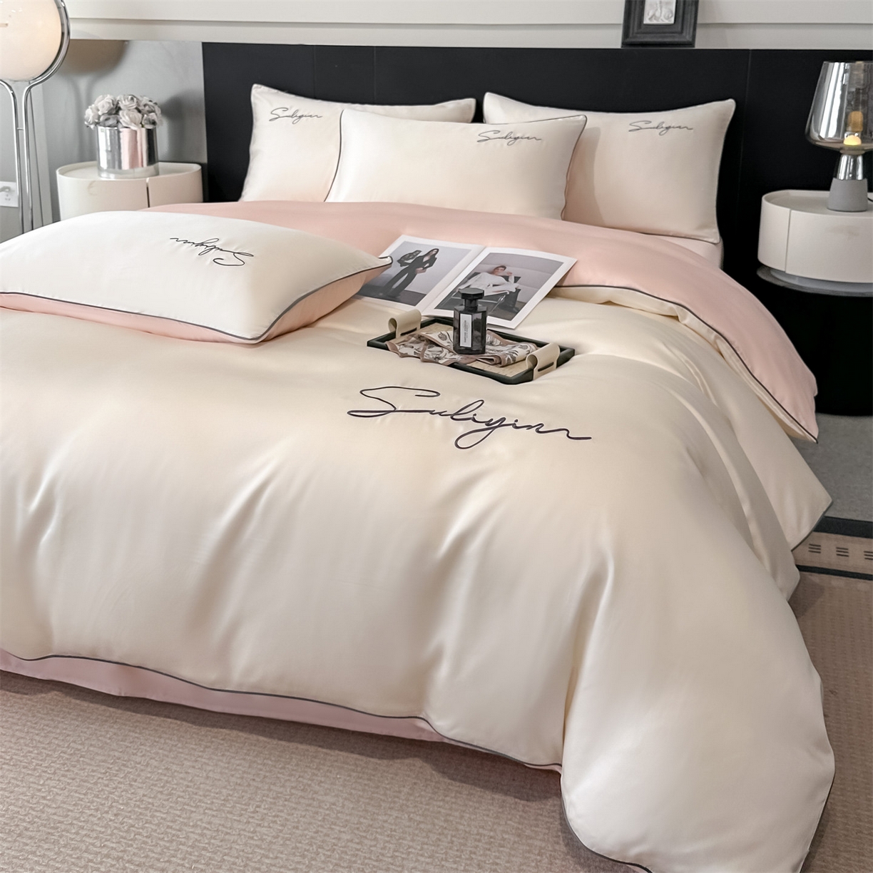 91家纺网 家纺一手货源 找家纺 （总）美澳家纺 2026新款凉感水洗冰丝真丝刺绣双拼单被套四件套