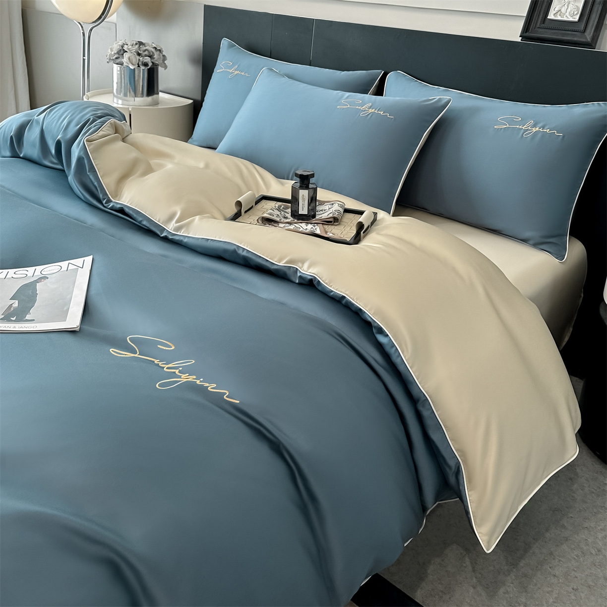 91家纺网 家纺一手货源 找家纺 （总）美澳家纺 2026新款凉感水洗冰丝真丝刺绣双拼单被套四件套