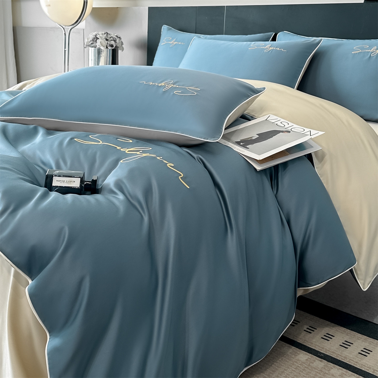 91家纺网 家纺一手货源 找家纺 （总）美澳家纺 2026新款凉感水洗冰丝真丝刺绣双拼单被套四件套