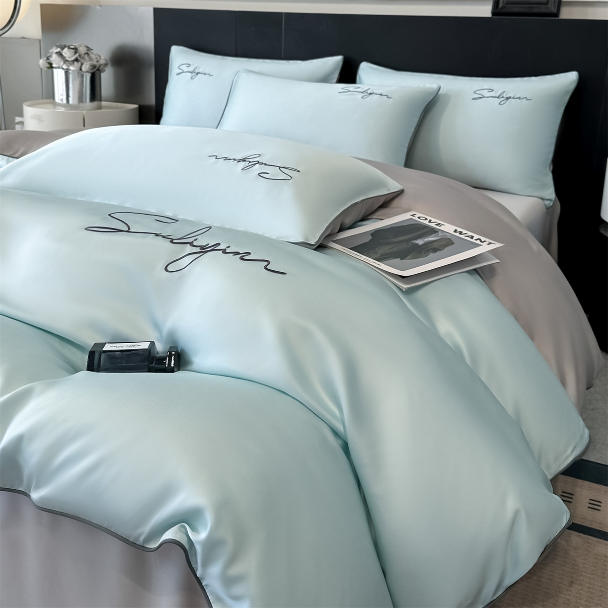 91家纺网 家纺一手货源 找家纺 美澳家纺 2026新款凉感水洗冰丝真丝刺绣双拼单被套四件套 冰蓝灰