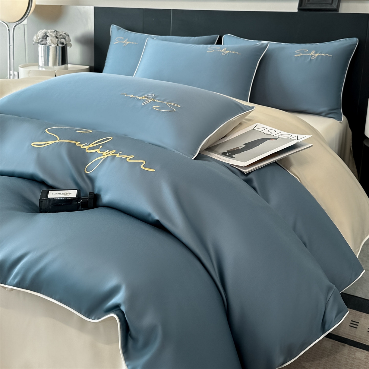 91家纺网 家纺一手货源 找家纺 美澳家纺 2026新款凉感水洗冰丝真丝刺绣双拼单被套四件套 宾蓝卡其