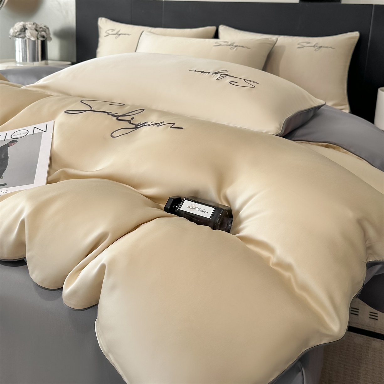 91家纺网 家纺一手货源 找家纺 美澳家纺 2026新款凉感水洗冰丝真丝刺绣双拼单被套四件套 卡其灰