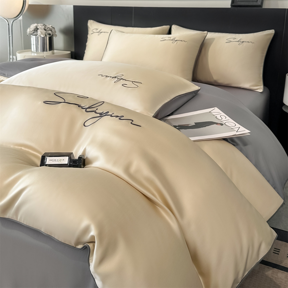 91家纺网 家纺一手货源 找家纺 美澳家纺 2026新款凉感水洗冰丝真丝刺绣双拼单被套四件套 卡其灰