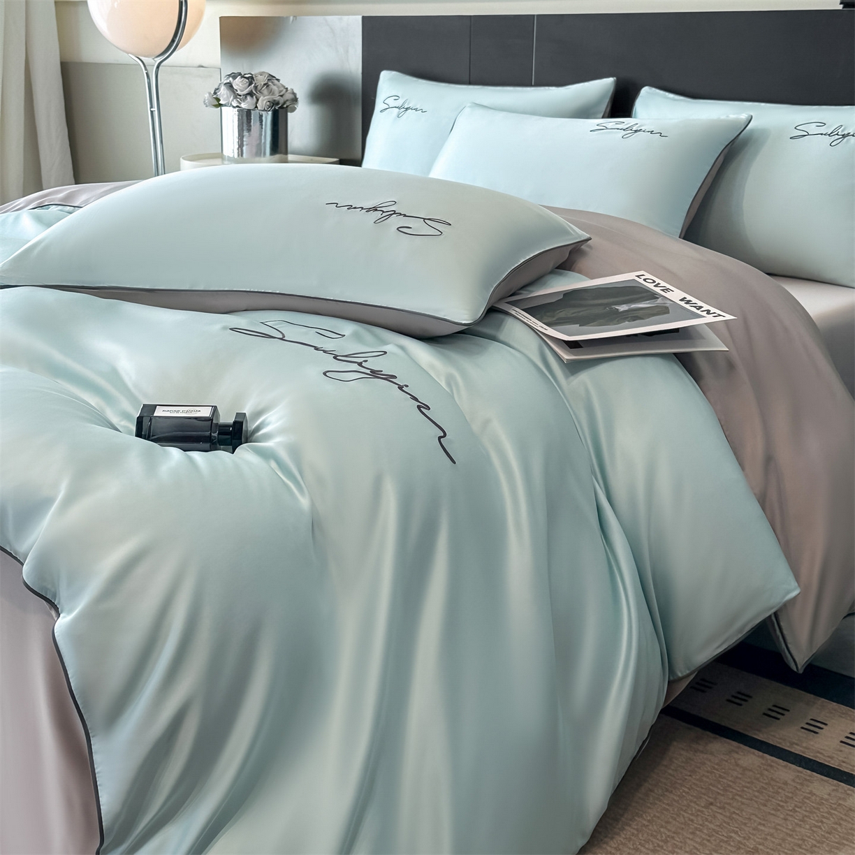 91家纺网 家纺一手货源 找家纺 美澳家纺 2026新款凉感水洗冰丝真丝刺绣双拼单被套四件套 冰蓝灰