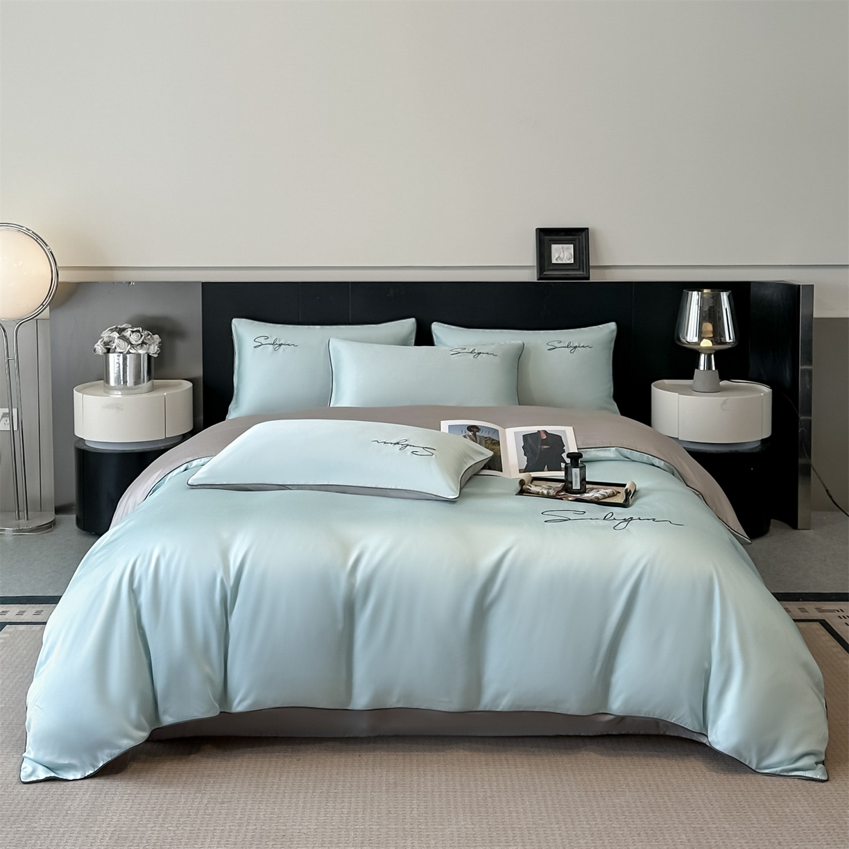 91家纺网 家纺一手货源 找家纺 美澳家纺 2026新款凉感水洗冰丝真丝刺绣双拼单被套四件套 冰蓝灰