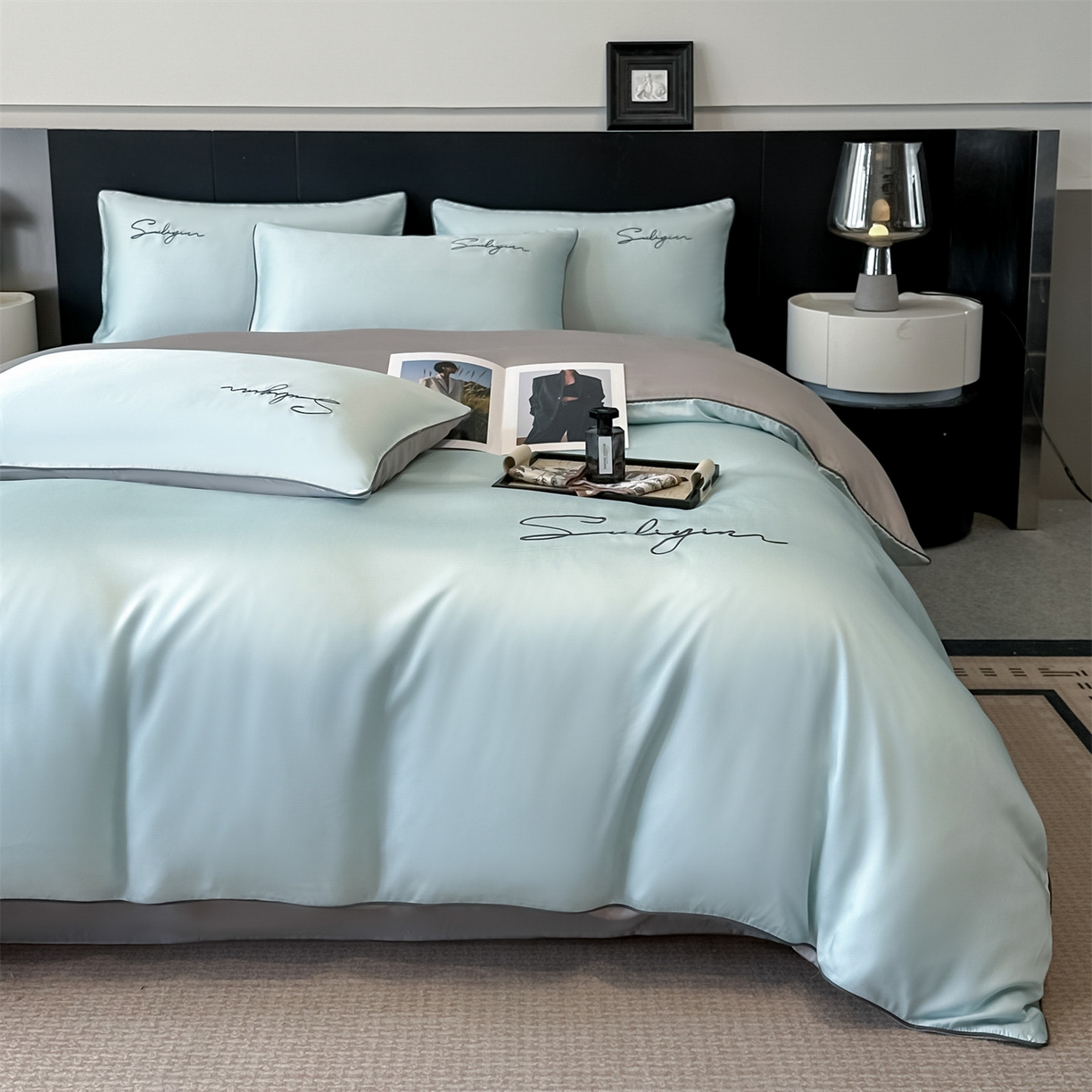 91家纺网 家纺一手货源 找家纺 美澳家纺 2026新款凉感水洗冰丝真丝刺绣双拼单被套四件套 冰蓝灰