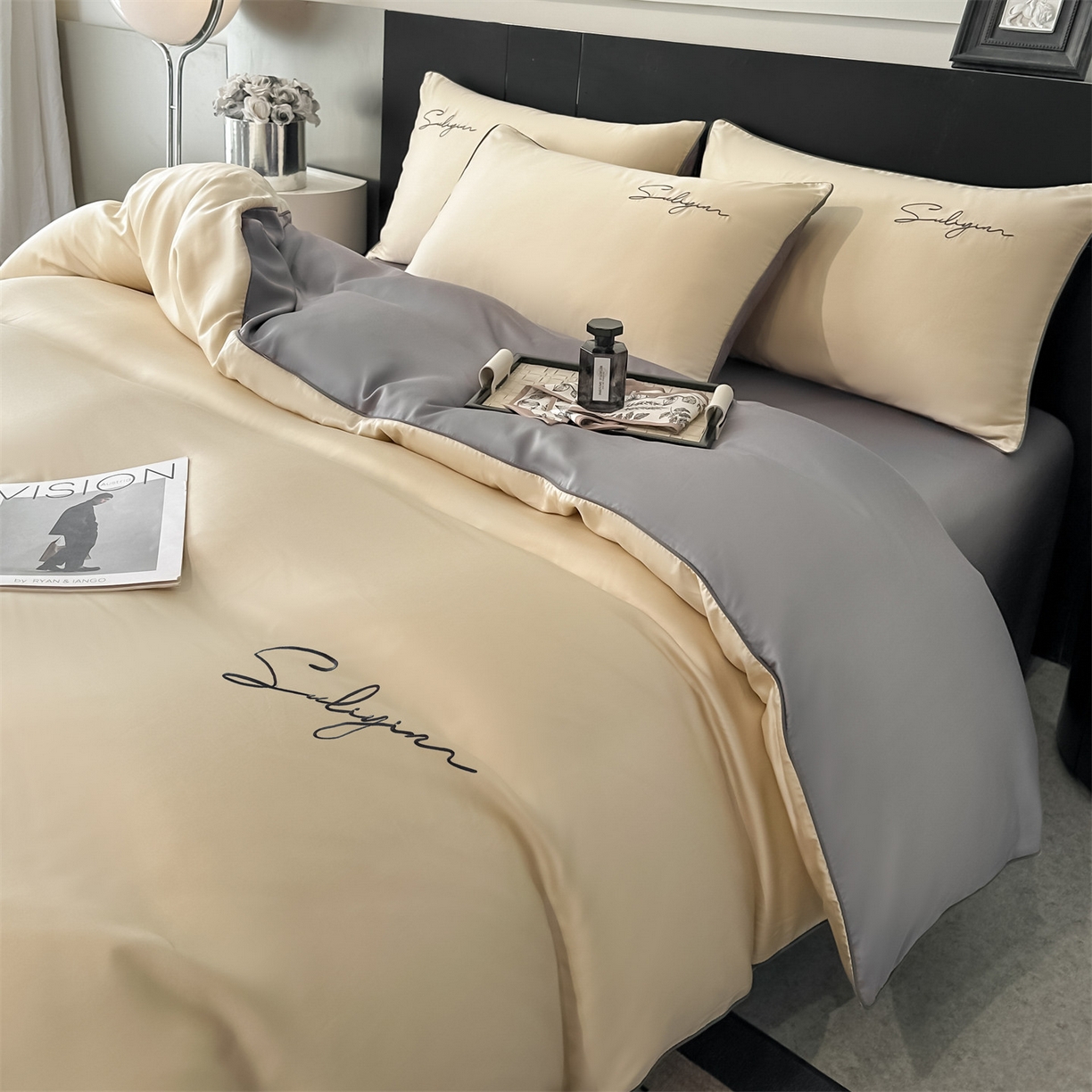 91家纺网 家纺一手货源 找家纺 美澳家纺 2026新款凉感水洗冰丝真丝刺绣双拼单被套四件套 卡其灰