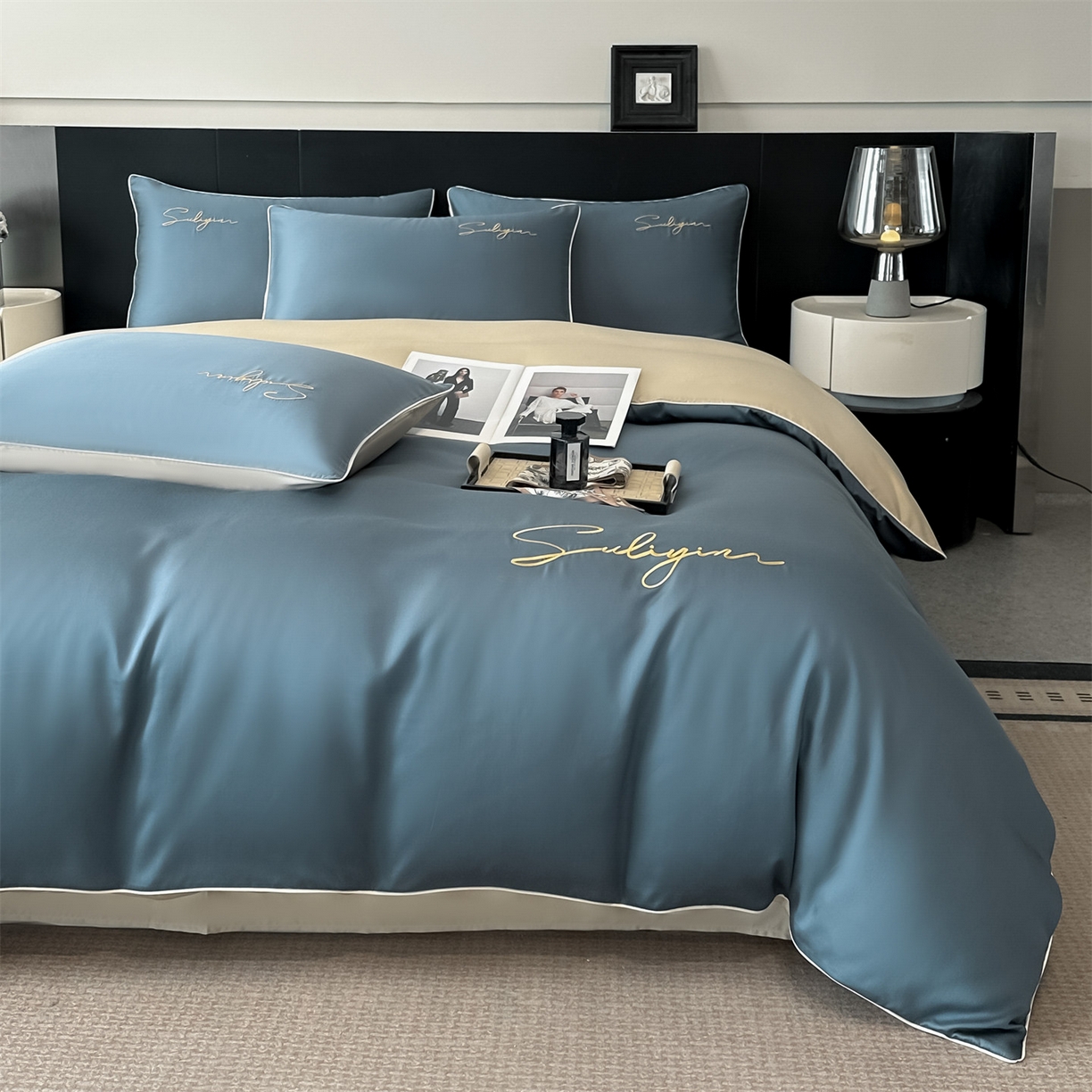 91家纺网 家纺一手货源 找家纺 美澳家纺 2026新款凉感水洗冰丝真丝刺绣双拼单被套四件套 宾蓝卡其