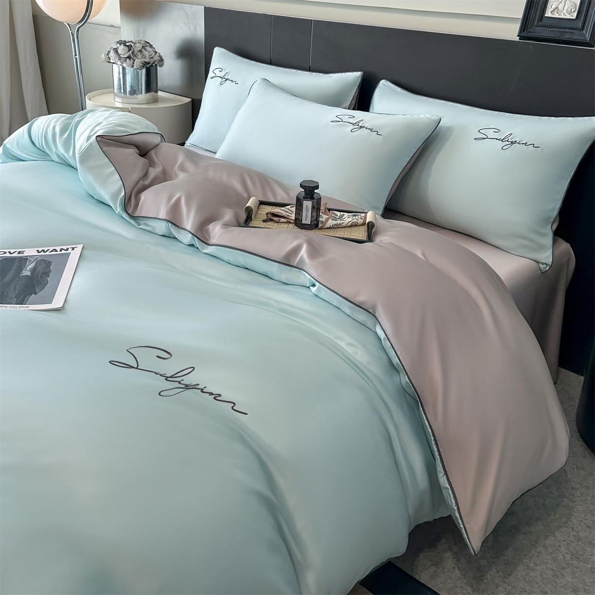 91家纺网 家纺一手货源 找家纺 美澳家纺 2026新款凉感水洗冰丝真丝刺绣双拼单被套四件套 冰蓝灰