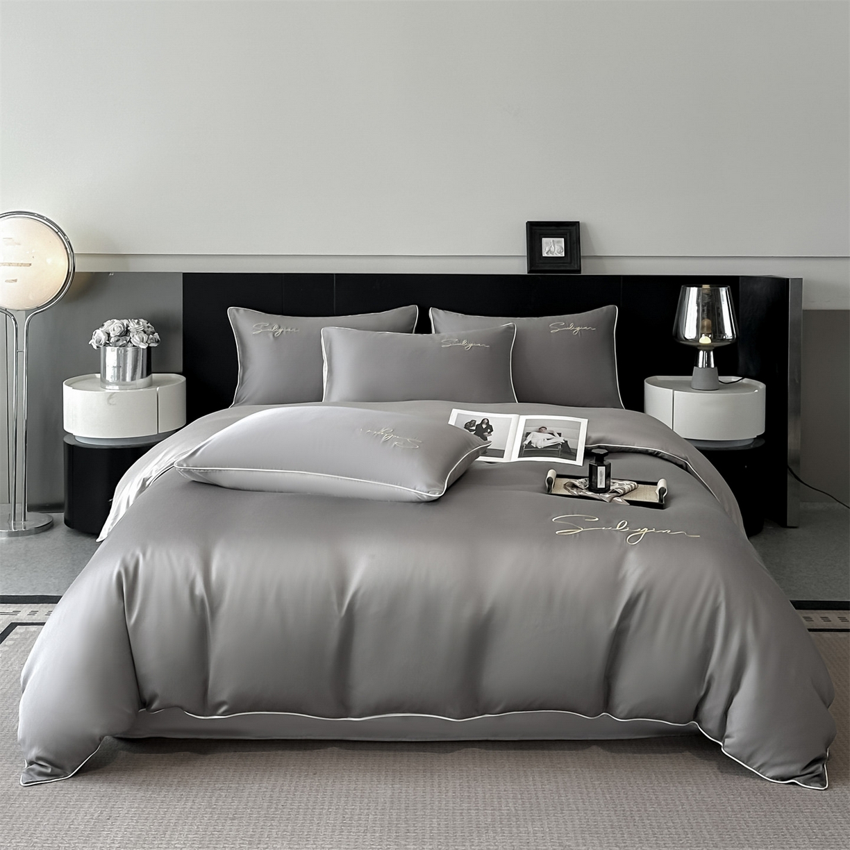 91家纺网 家纺一手货源 找家纺 美澳家纺 2026新款凉感水洗冰丝真丝刺绣双拼单被套四件套 深灰