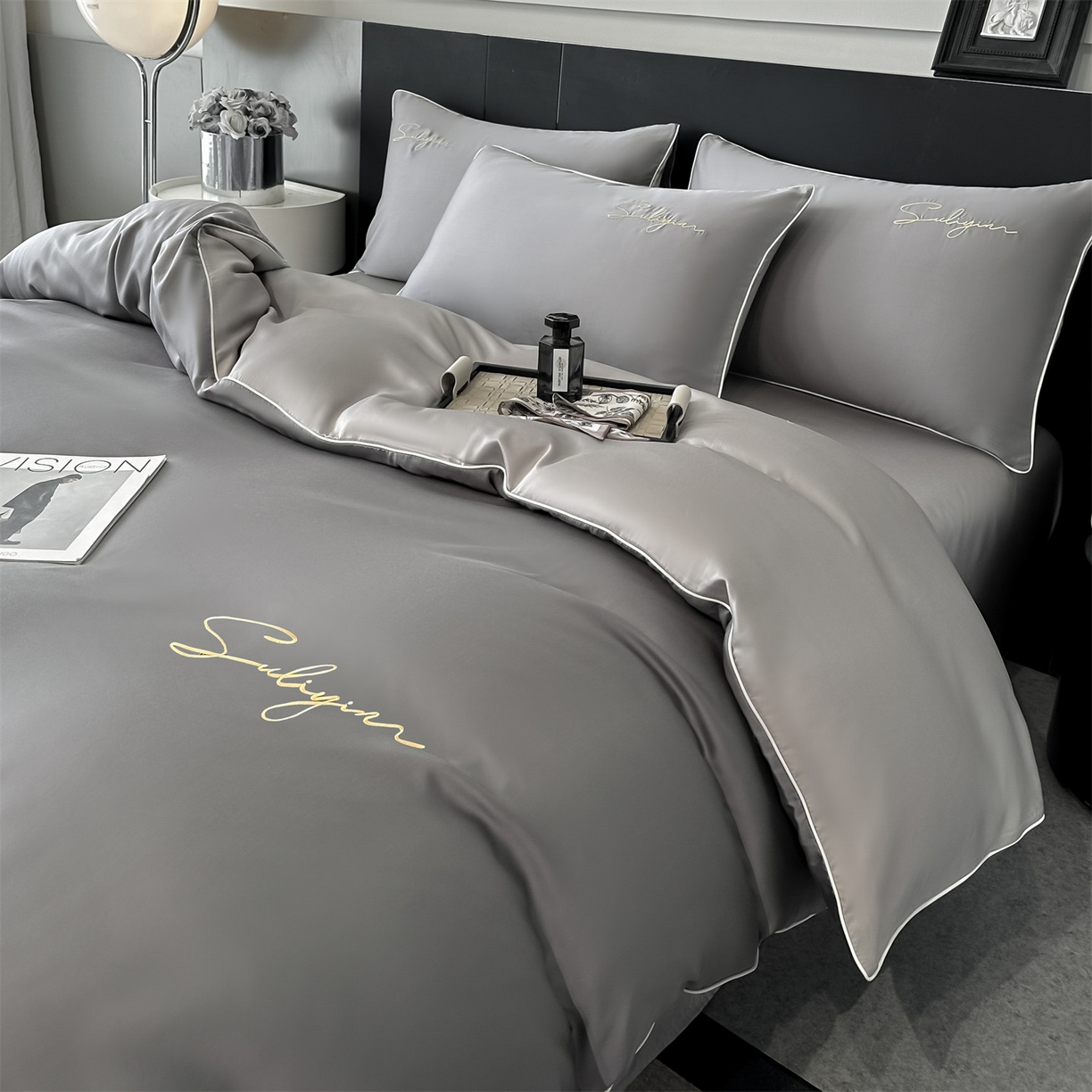 91家纺网 家纺一手货源 找家纺 美澳家纺 2026新款凉感水洗冰丝真丝刺绣双拼单被套四件套 深灰