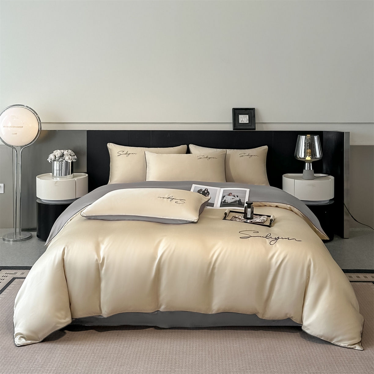 91家纺网 家纺一手货源 找家纺 美澳家纺 2026新款凉感水洗冰丝真丝刺绣双拼单被套四件套 卡其灰