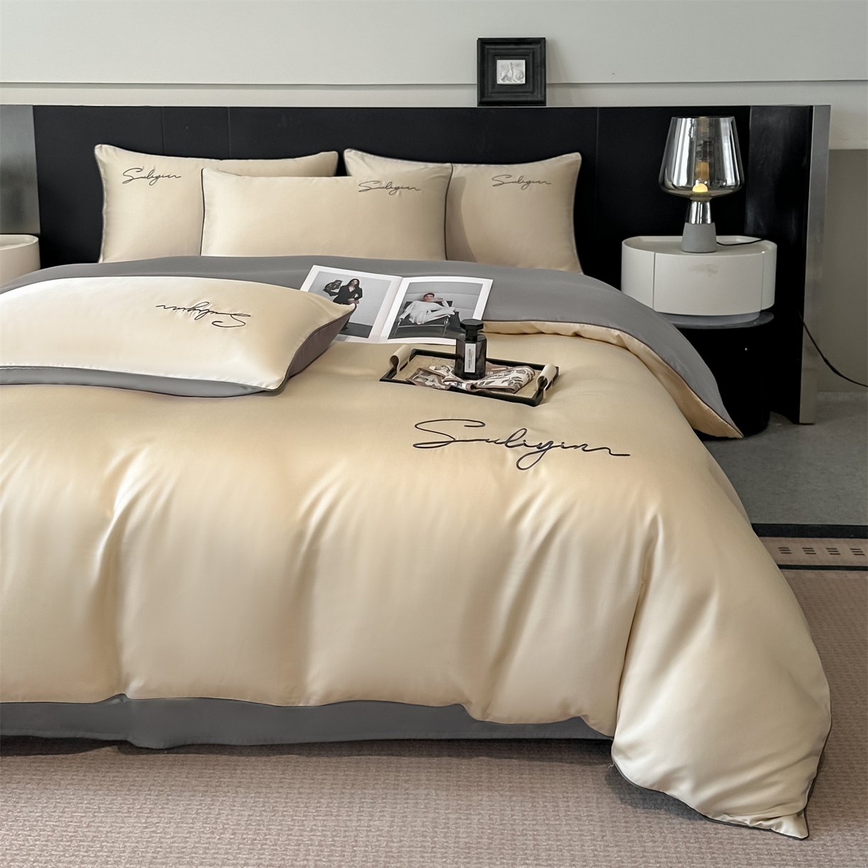 91家纺网 家纺一手货源 找家纺 美澳家纺 2026新款凉感水洗冰丝真丝刺绣双拼单被套四件套 卡其灰