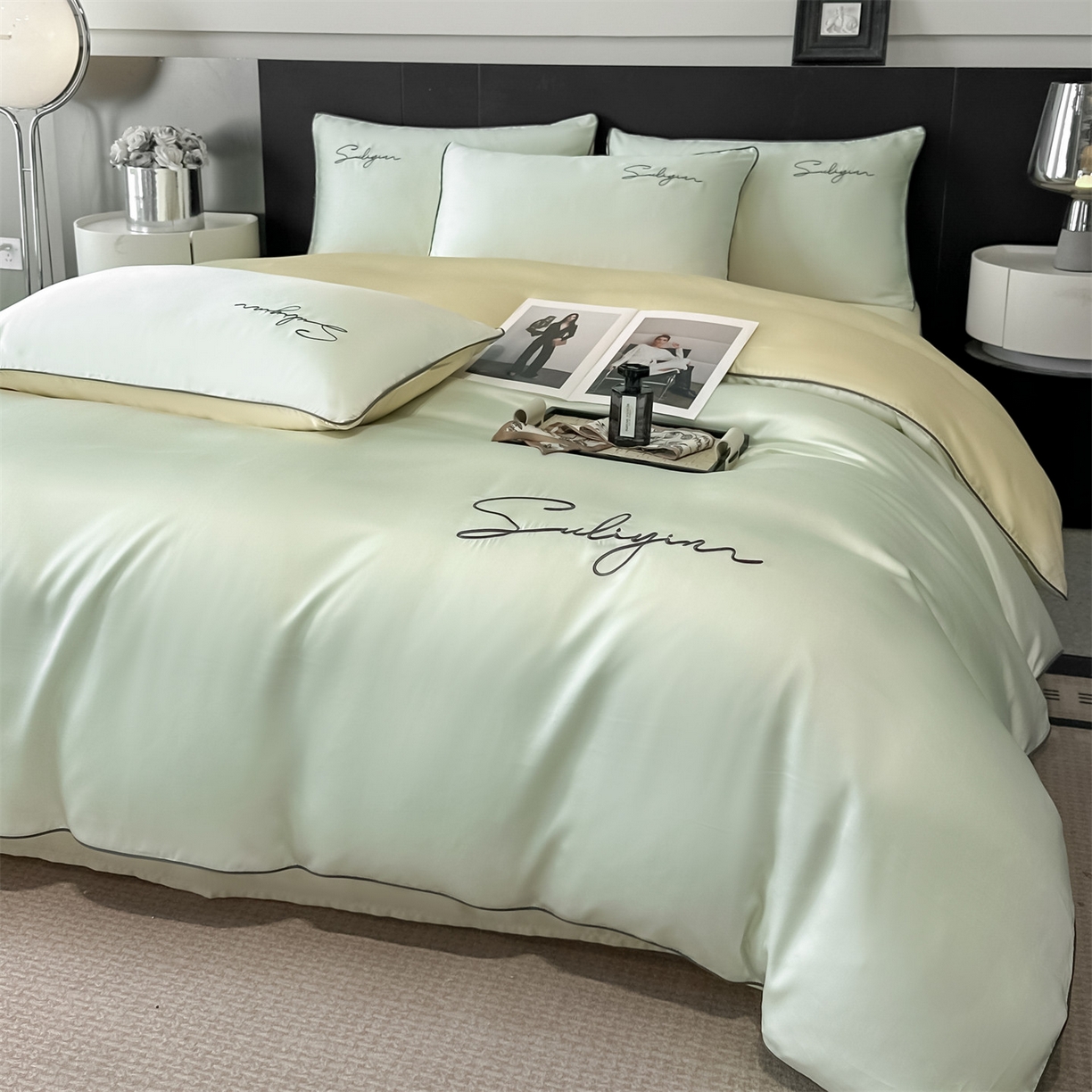 美澳家纺 2026新款凉感水洗冰丝真丝刺绣双拼单被套四件套 米白黄