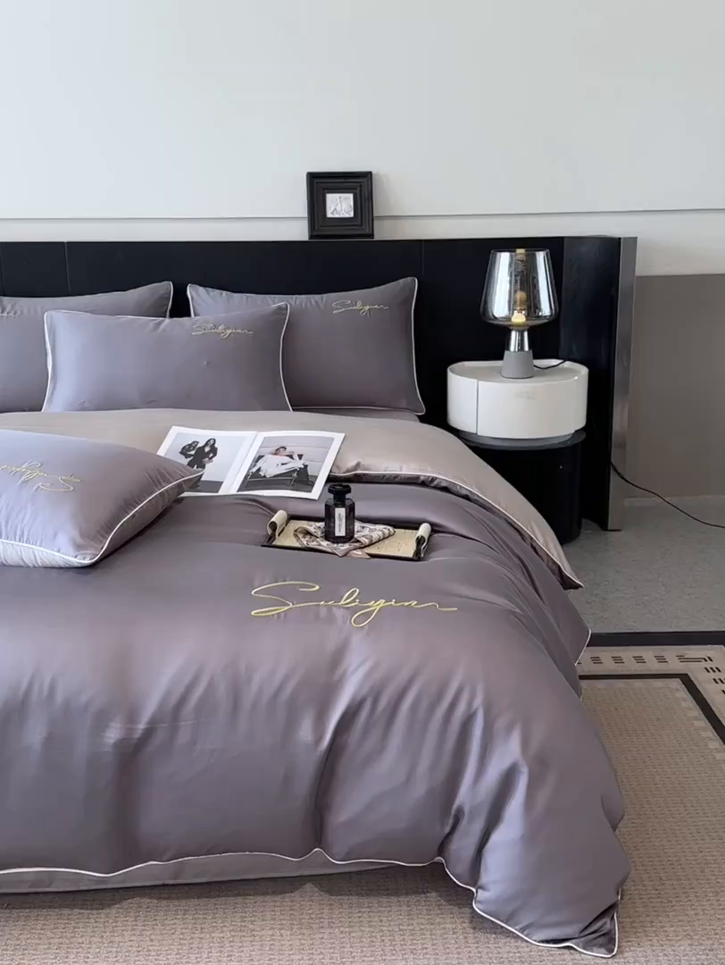 91家纺网 家纺一手货源 找家纺 美澳家纺 2026新款凉感水洗冰丝真丝刺绣双拼单被套四件套 深灰