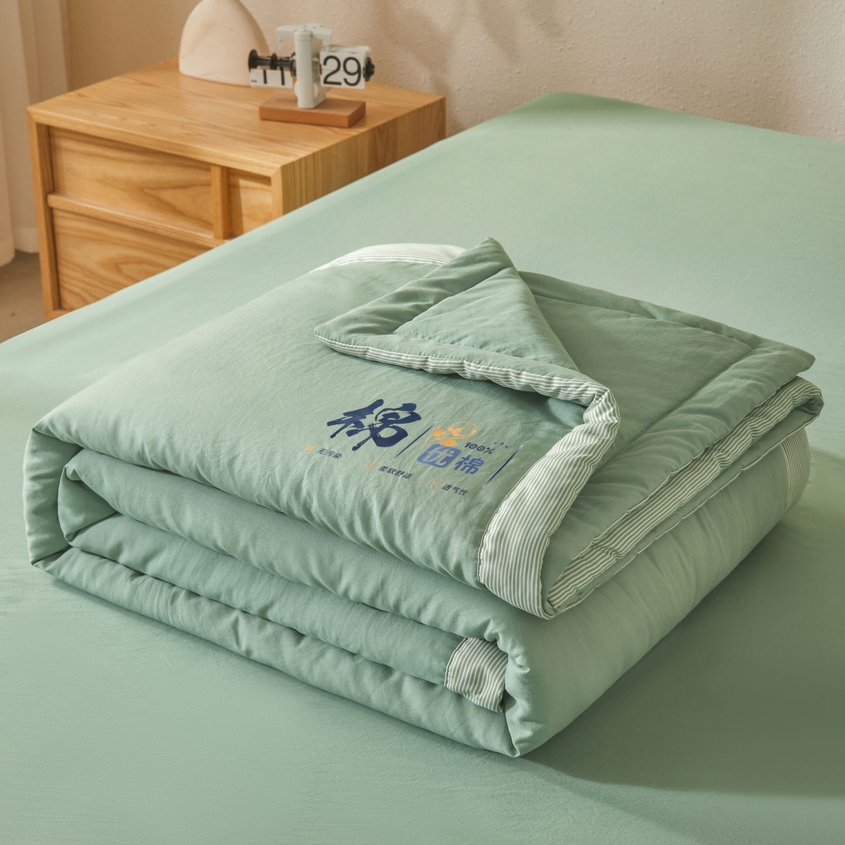 91家纺网 家纺一手货源 找家纺 星航家纺 2026新款水洗棉纯色棉花被夏被夏凉被空调被-素夏 素夏-抹茶绿
